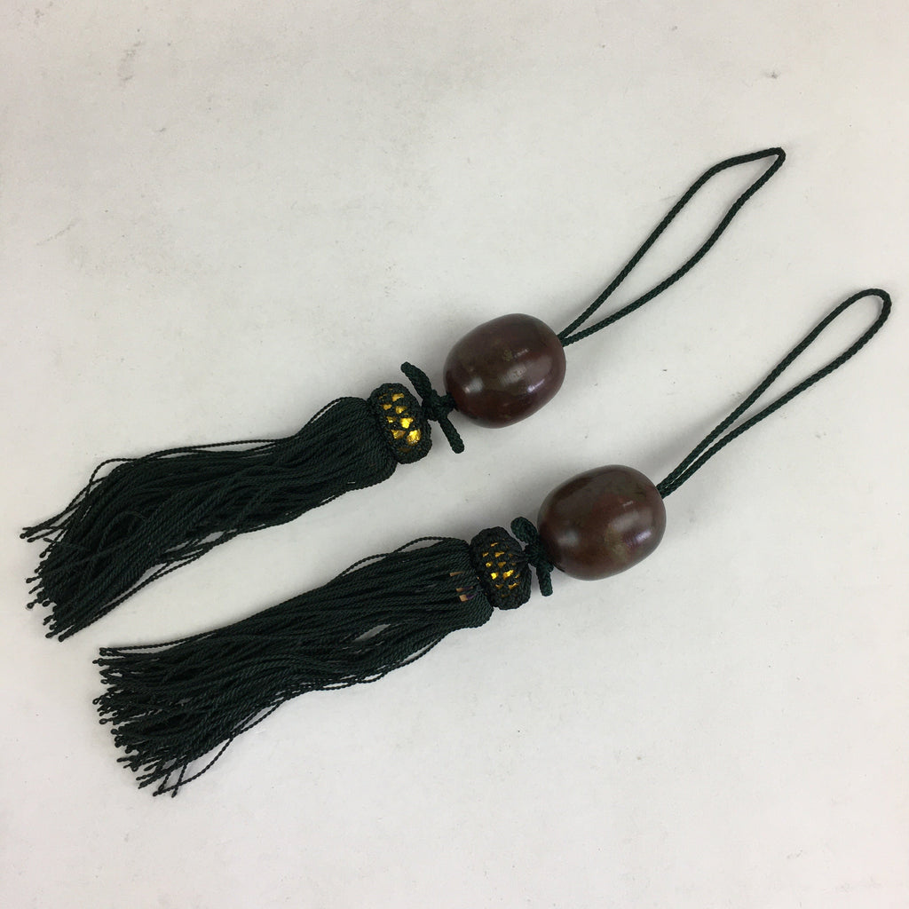 Japanese Hanging Scroll Weights Vtg Fuchin Brown Metal Green Tassel FC278