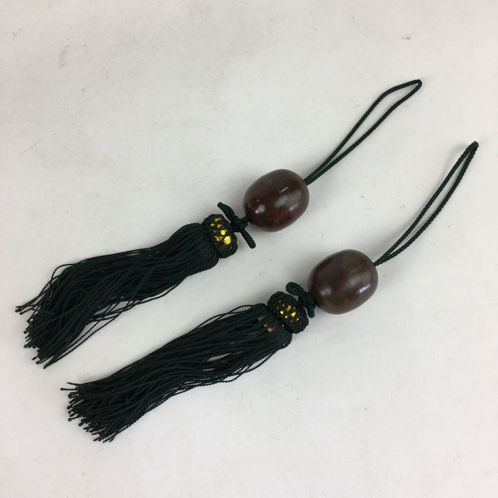 Japanese Hanging Scroll Weights Vtg Fuchin Brown Metal Green Tassel FC278