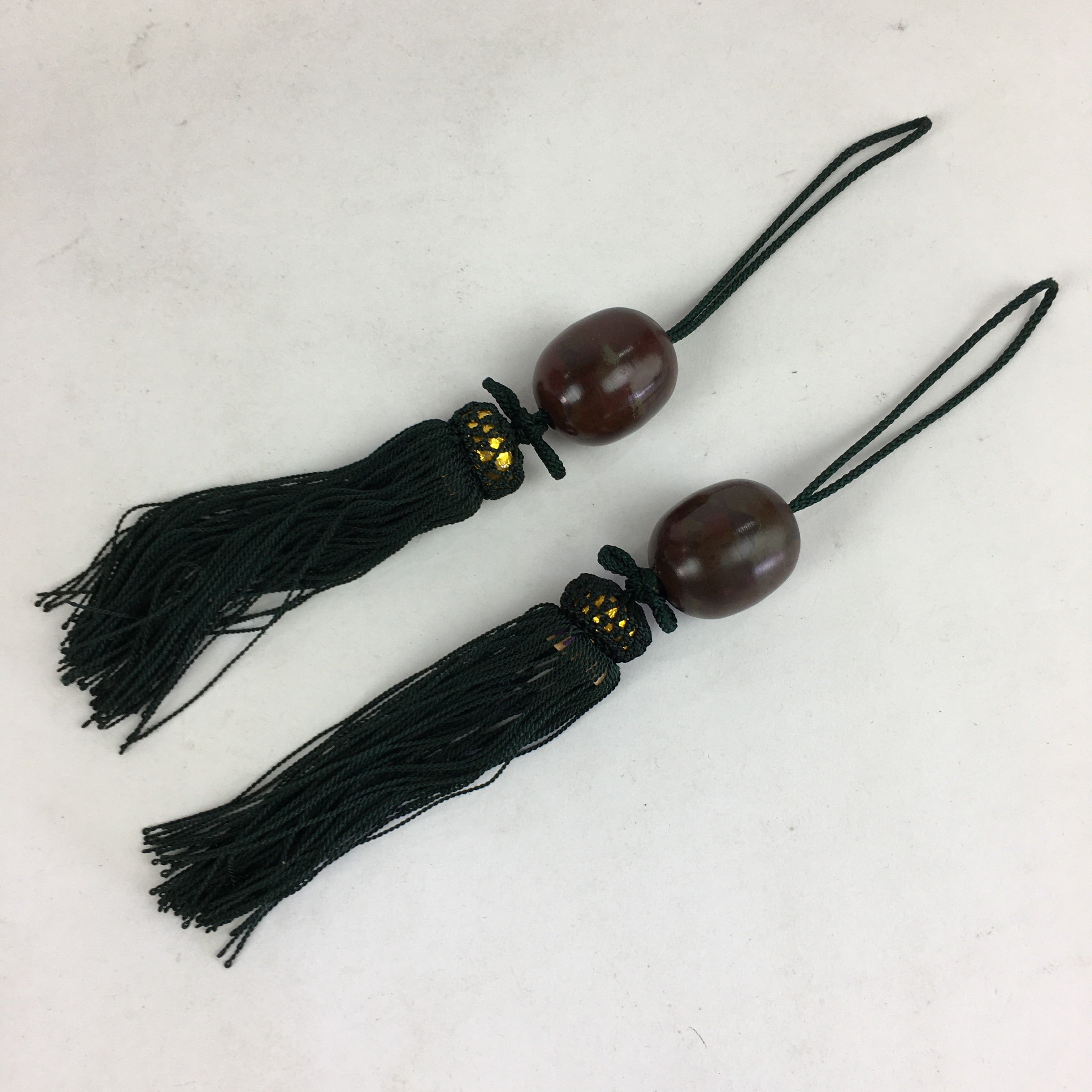 Japanese Hanging Scroll Weights Vtg Fuchin Brown Metal Green Tassel FC278
