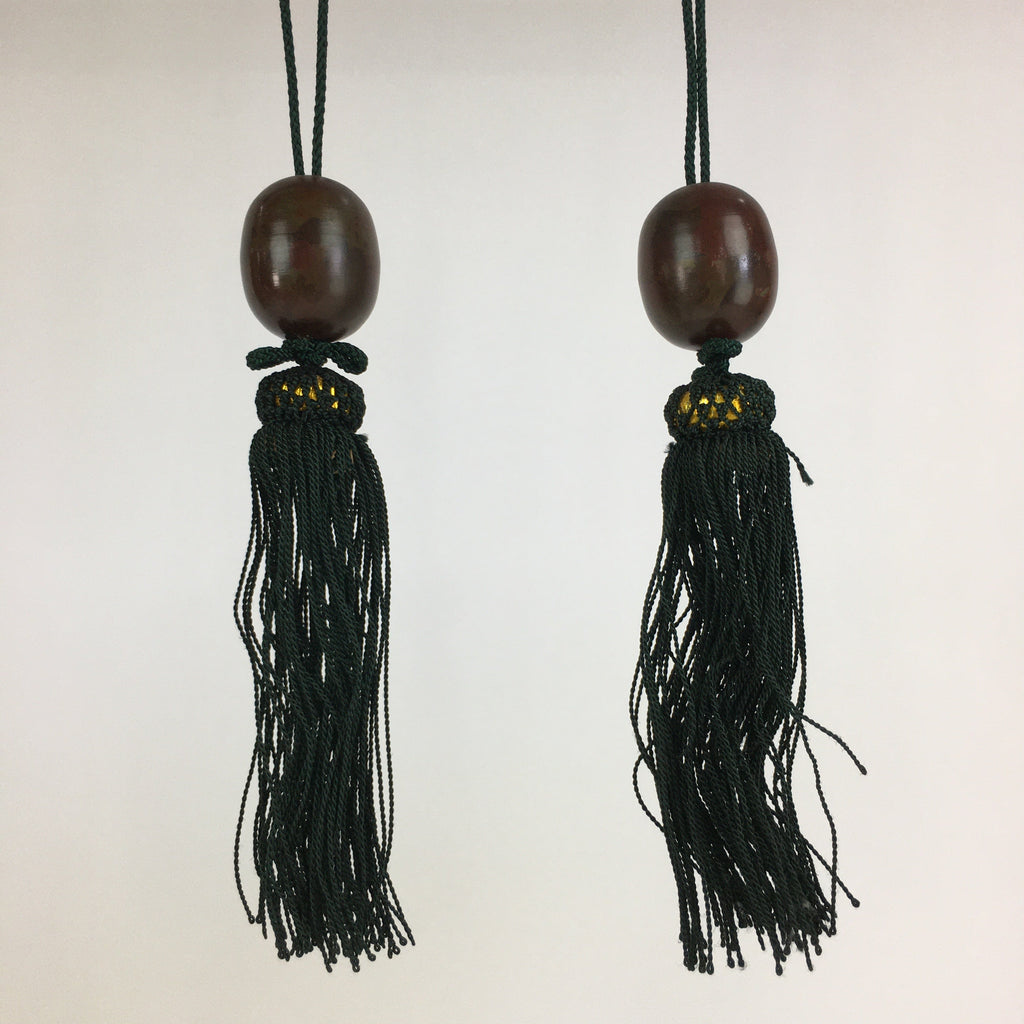Japanese Hanging Scroll Weights Vtg Fuchin Brown Metal Green Tassel FC278
