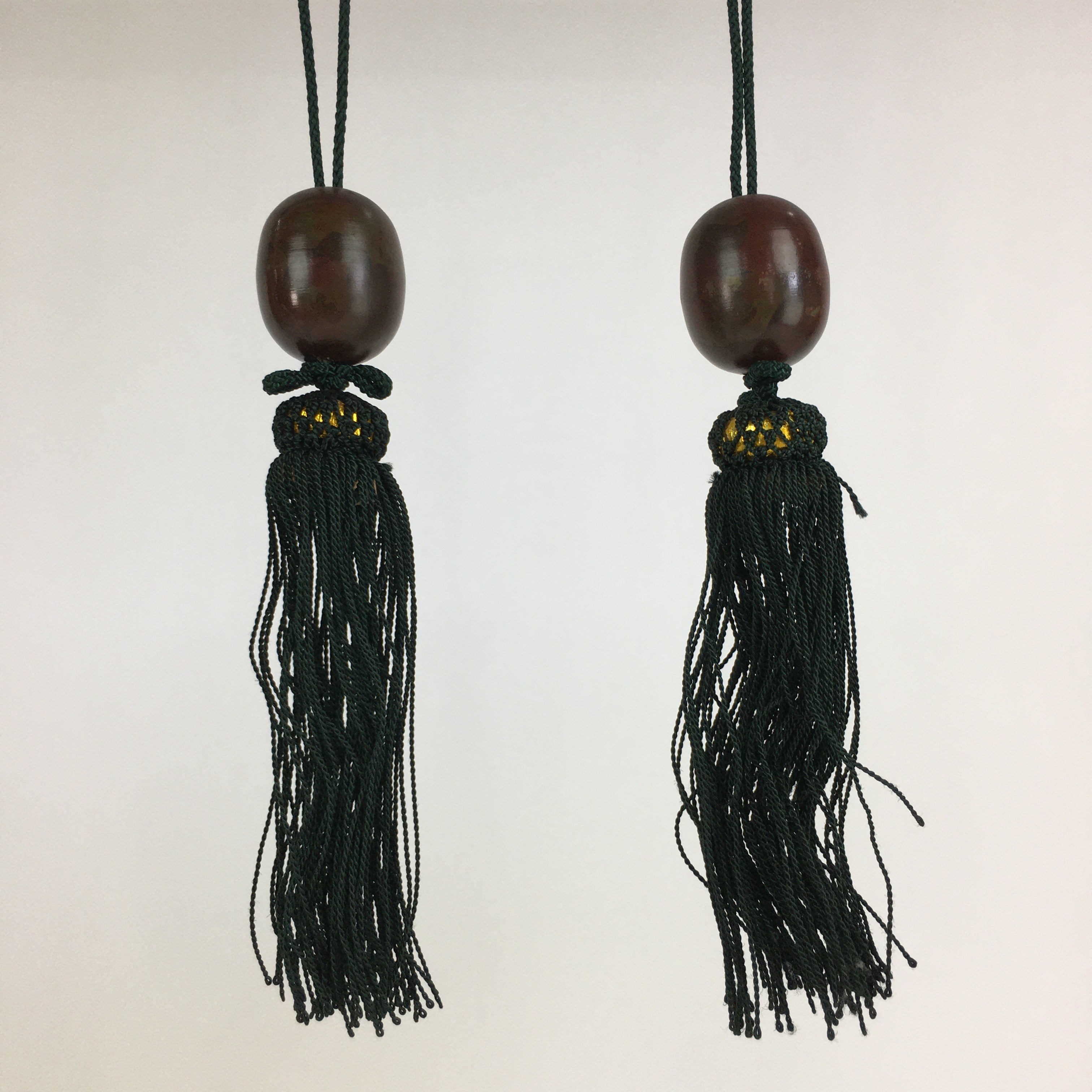 Japanese Hanging Scroll Weights Vtg Fuchin Brown Metal Green Tassel FC278