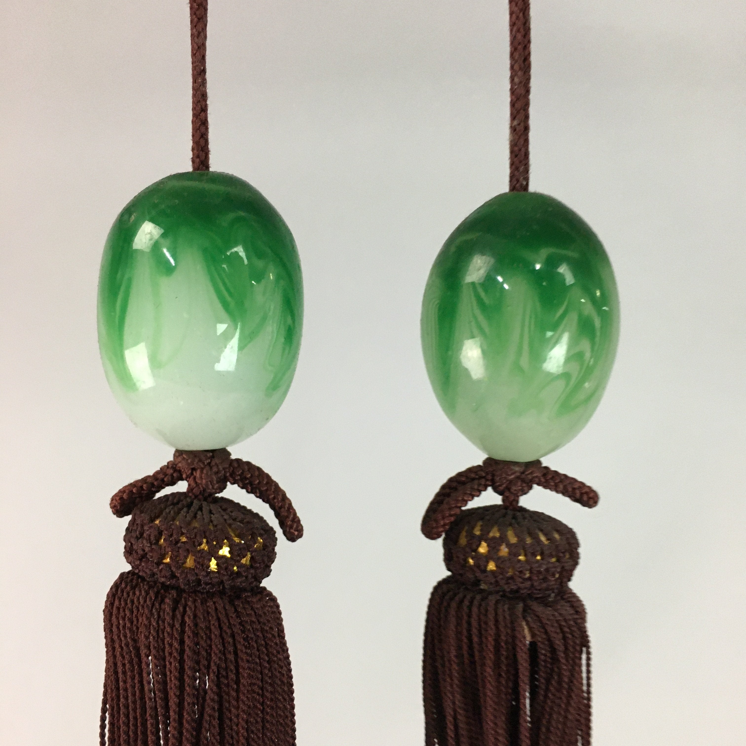 Japanese Hanging Scroll Weights Vtg Fuchin Marble Glass Brown Tassel FC247