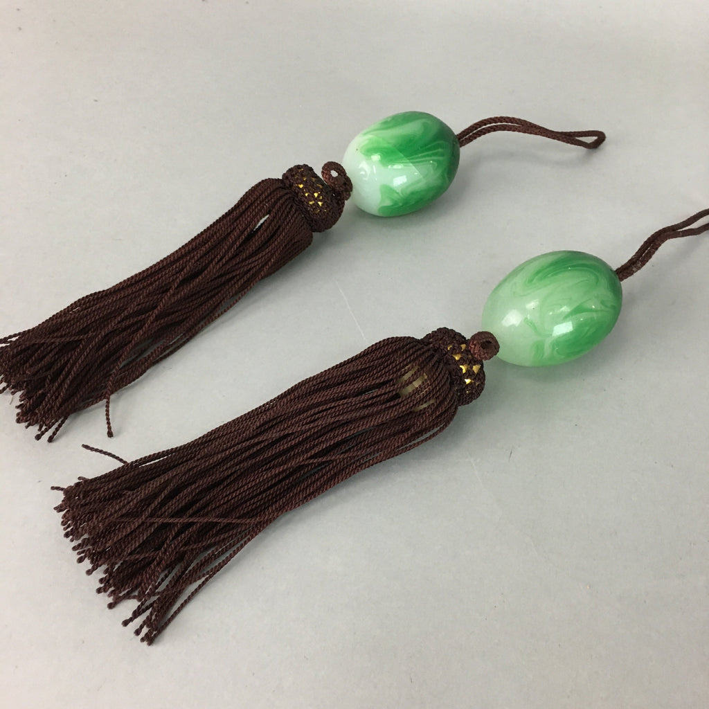 Japanese Hanging Scroll Weights Vtg Fuchin Marble Glass Brown Tassel FC247