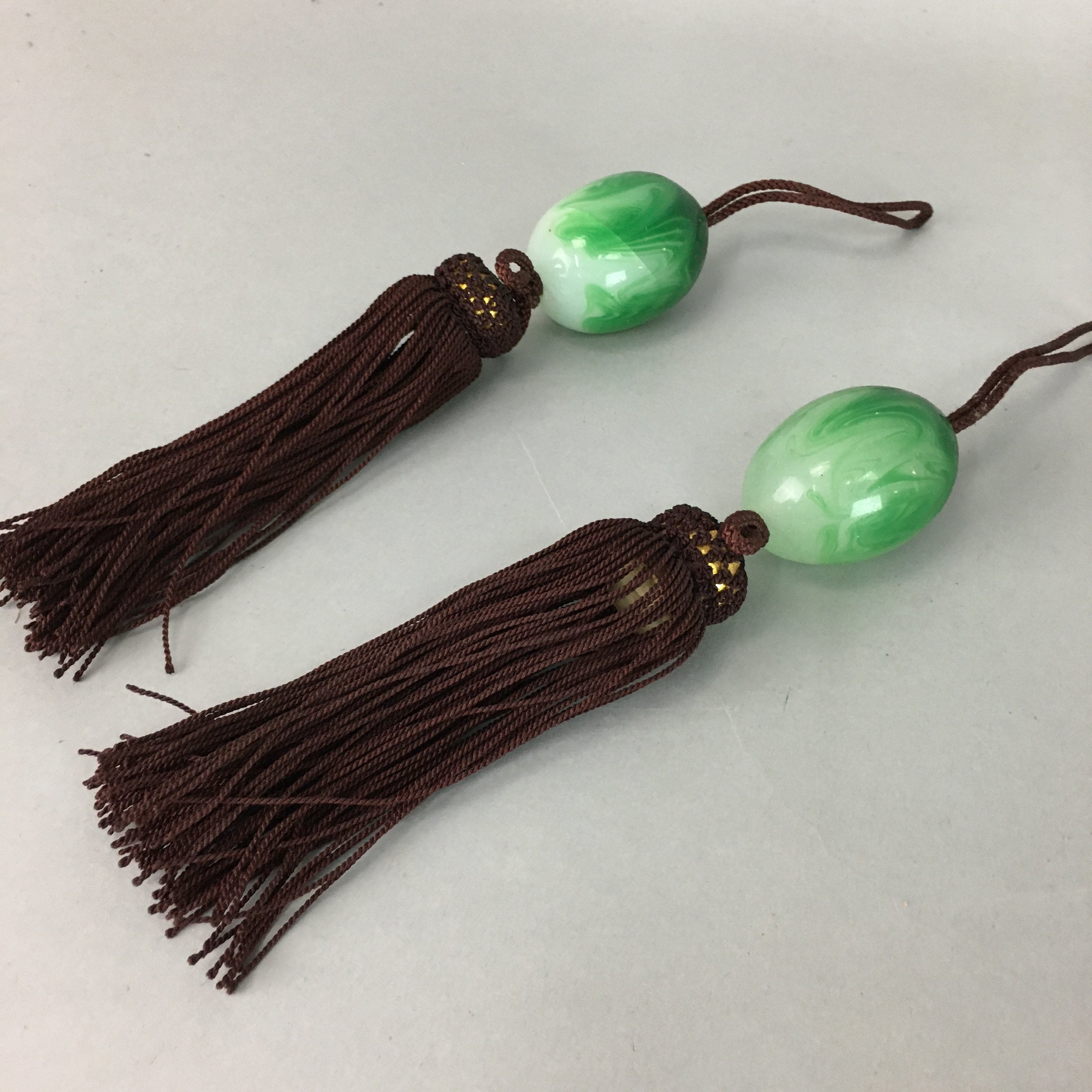 Japanese Hanging Scroll Weights Vtg Fuchin Marble Glass Brown Tassel FC247