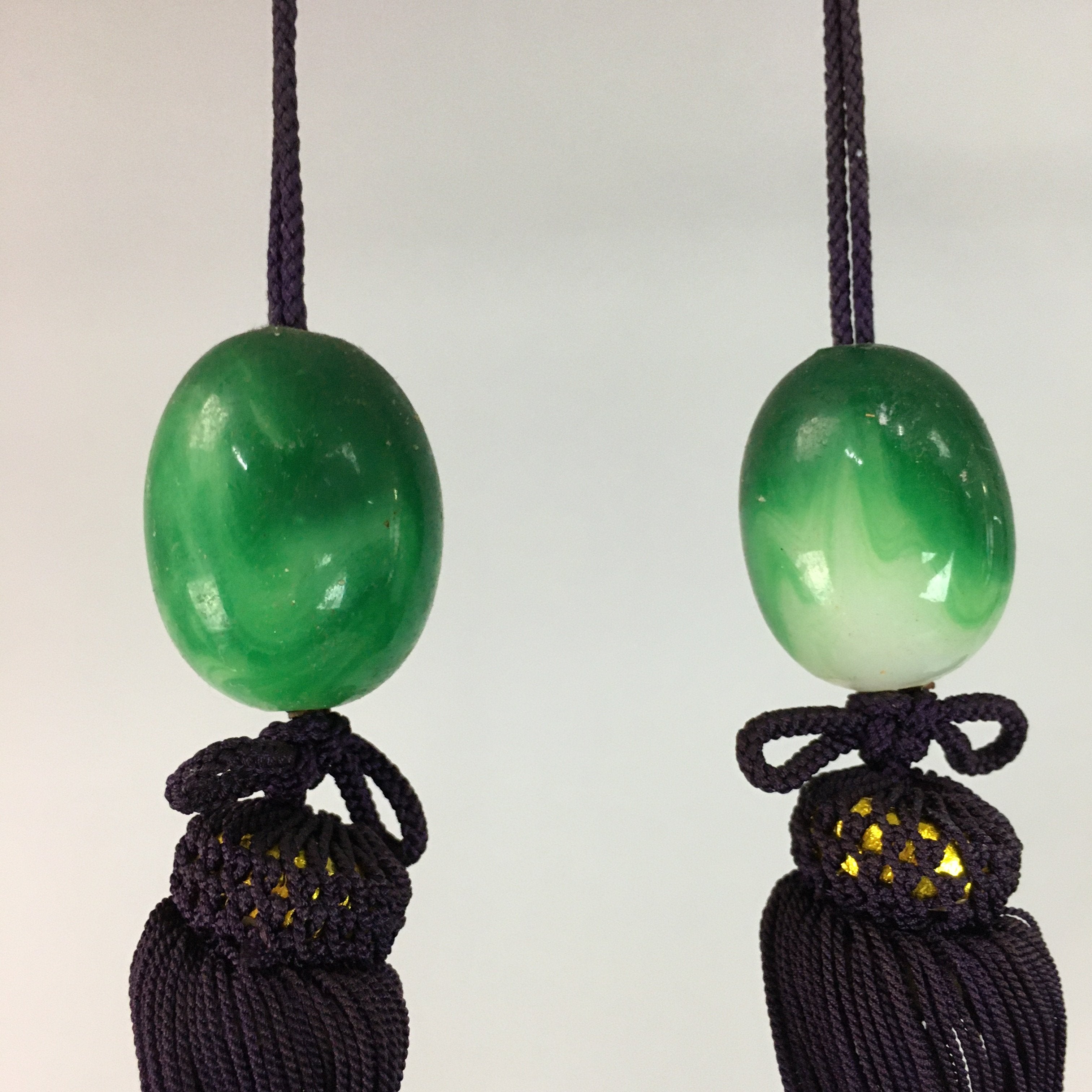 Japanese Hanging Scroll Weights Vtg Fuchin Marble Glass Purple Tassel FC251