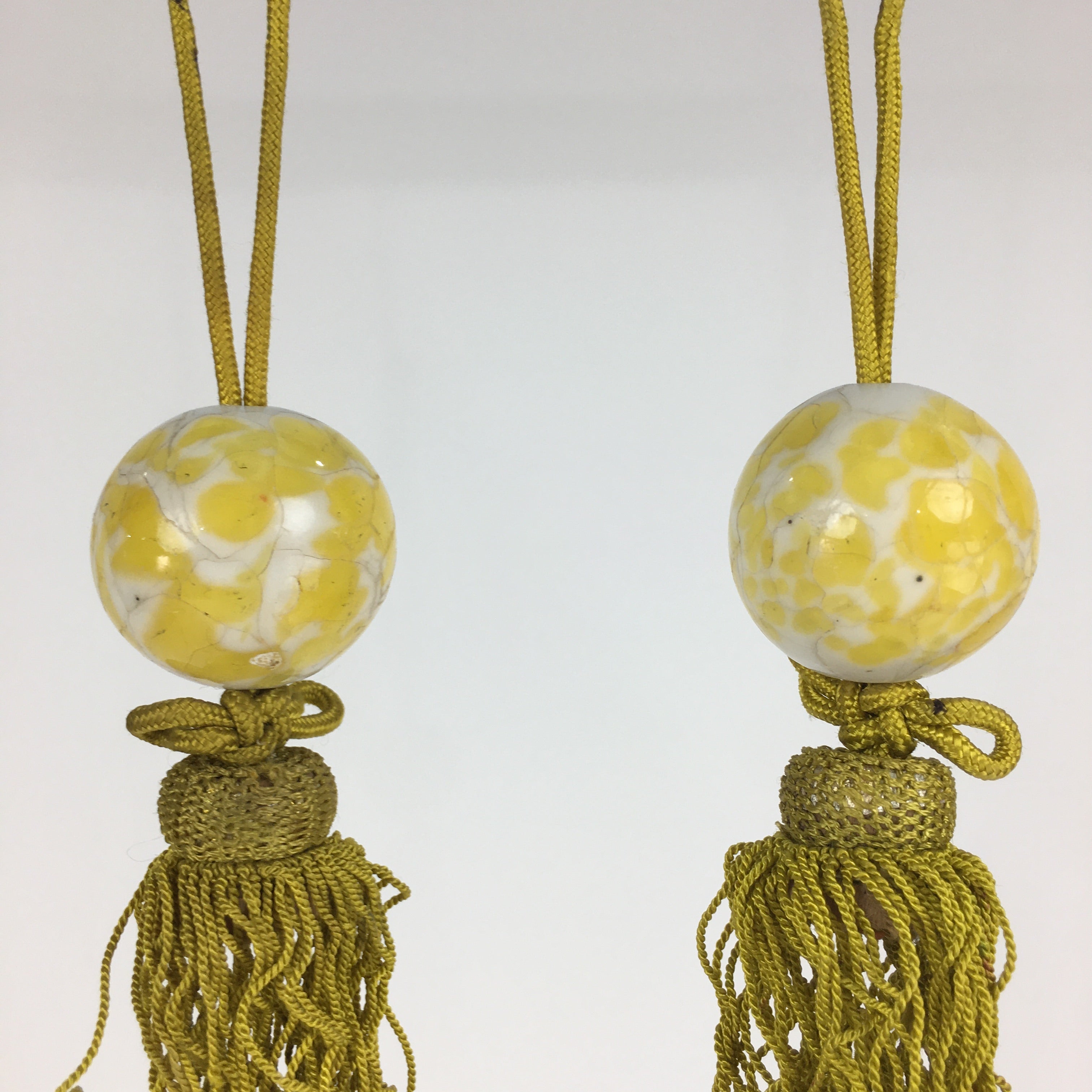 Japanese Hanging Scroll Weights Vtg Fuchin Marble Glass Yellow Tassel FC299