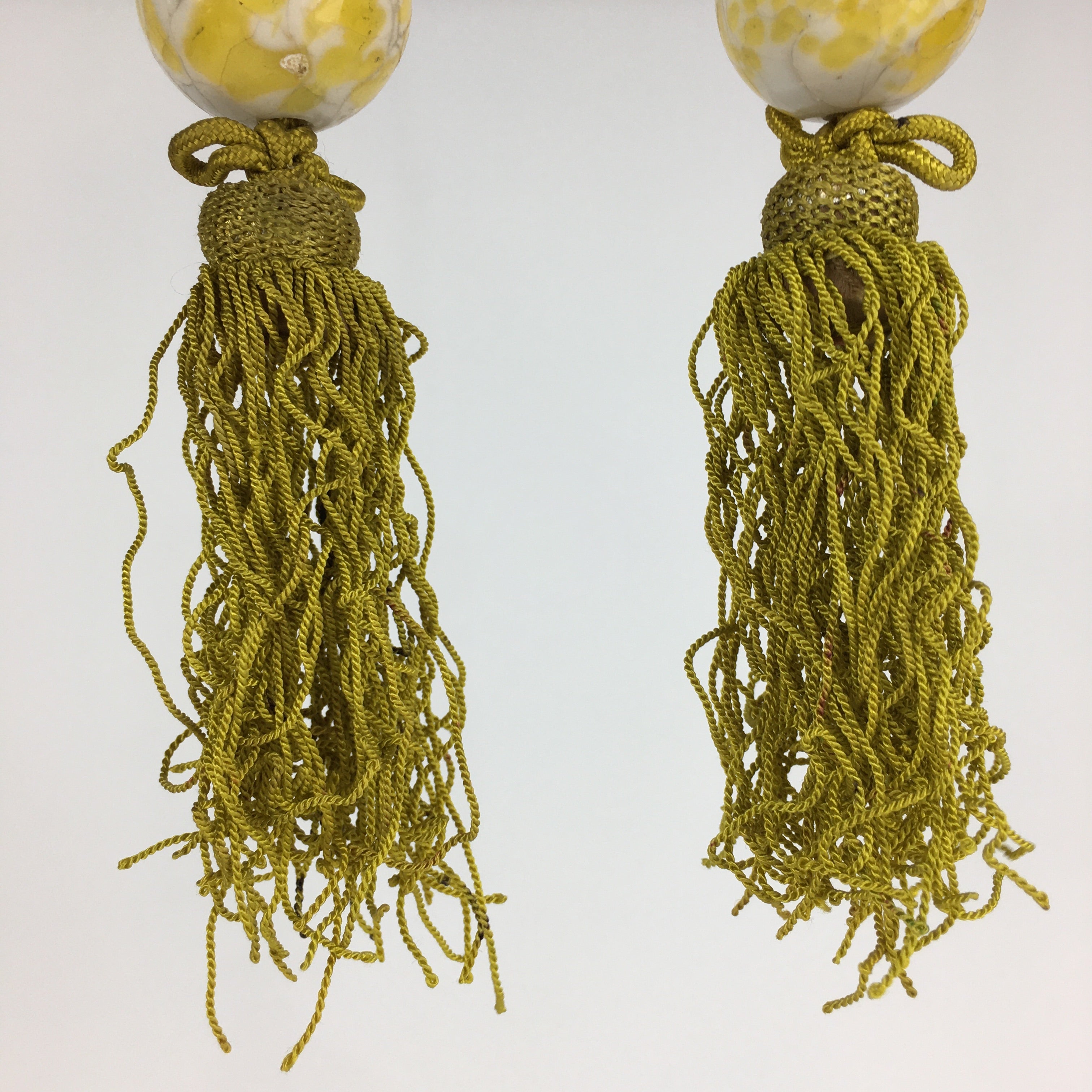 Japanese Hanging Scroll Weights Vtg Fuchin Marble Glass Yellow Tassel FC299