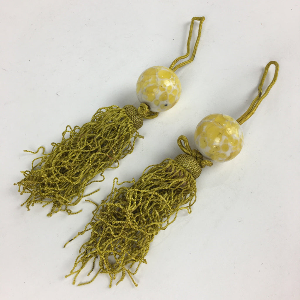 Japanese Hanging Scroll Weights Vtg Fuchin Marble Glass Yellow Tassel FC299