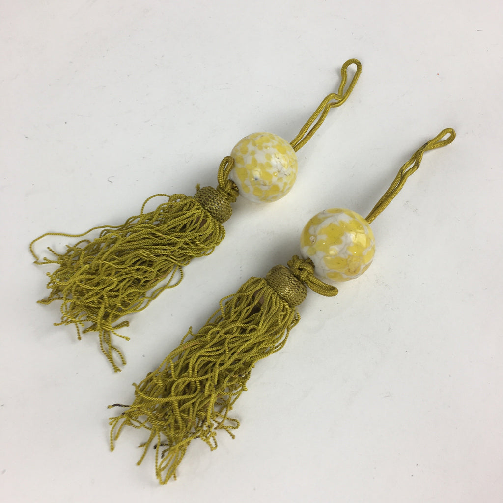 Japanese Hanging Scroll Weights Vtg Fuchin Marble Glass Yellow Tassel FC299