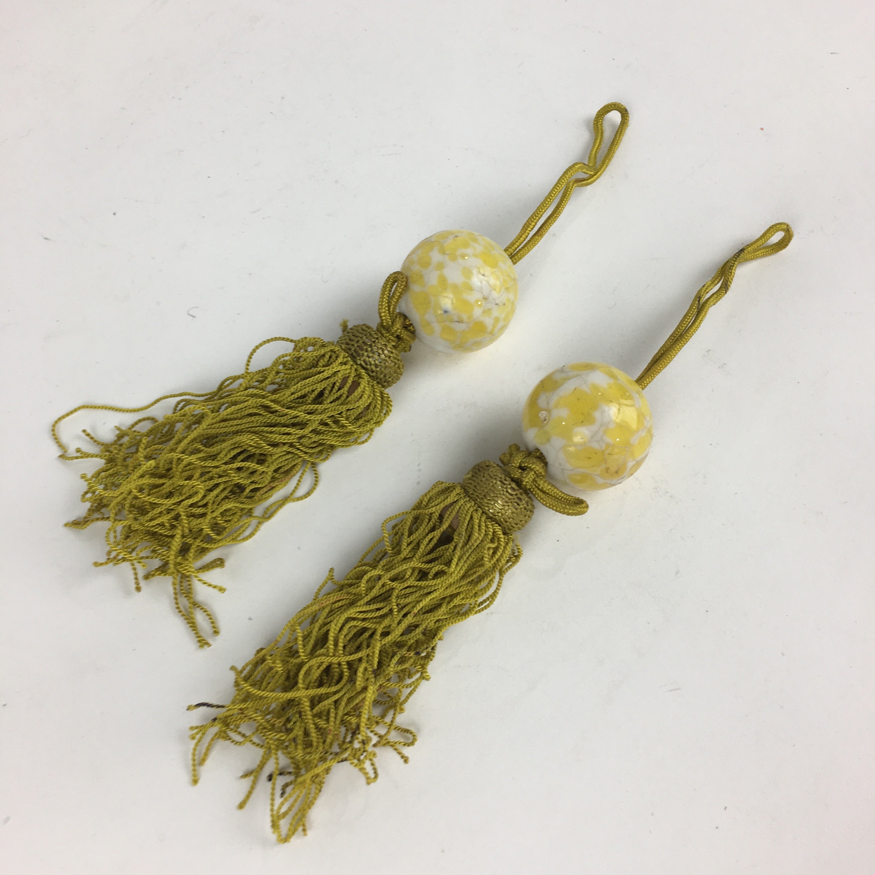 Japanese Hanging Scroll Weights Vtg Fuchin Marble Glass Yellow Tassel FC299
