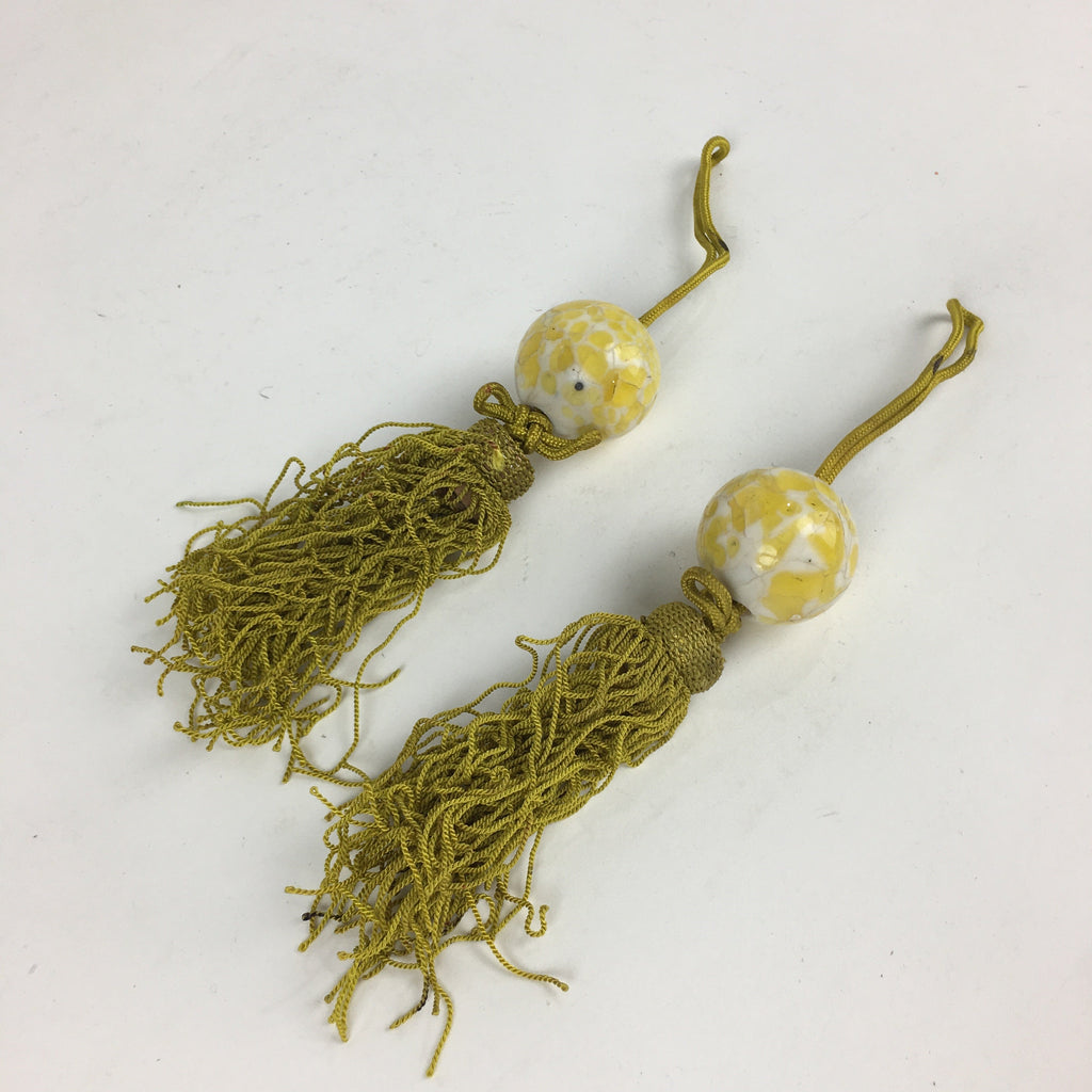 Japanese Hanging Scroll Weights Vtg Fuchin Marble Glass Yellow Tassel FC299