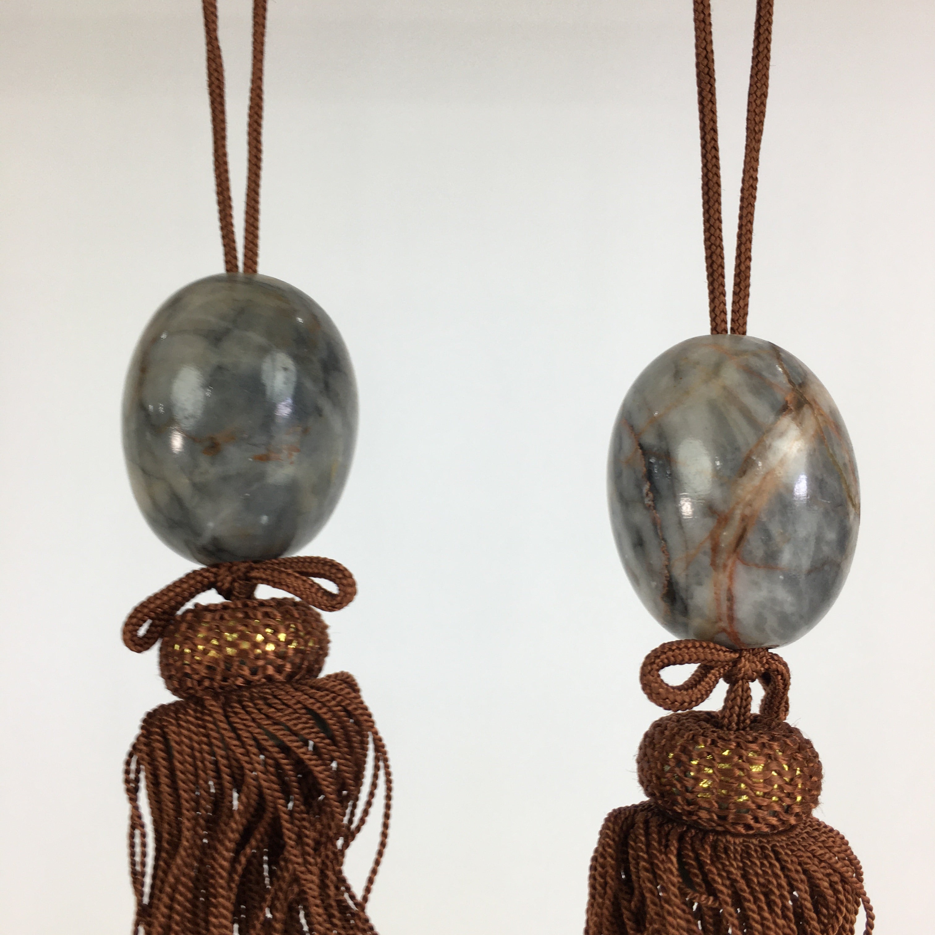 Japanese Hanging Scroll Weights Vtg Fuchin Marble Stone Brown Tassel FC273
