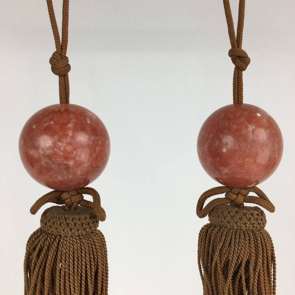 Japanese Hanging Scroll Weights Vtg Fuchin Marble Stone Brown Tassel FC288