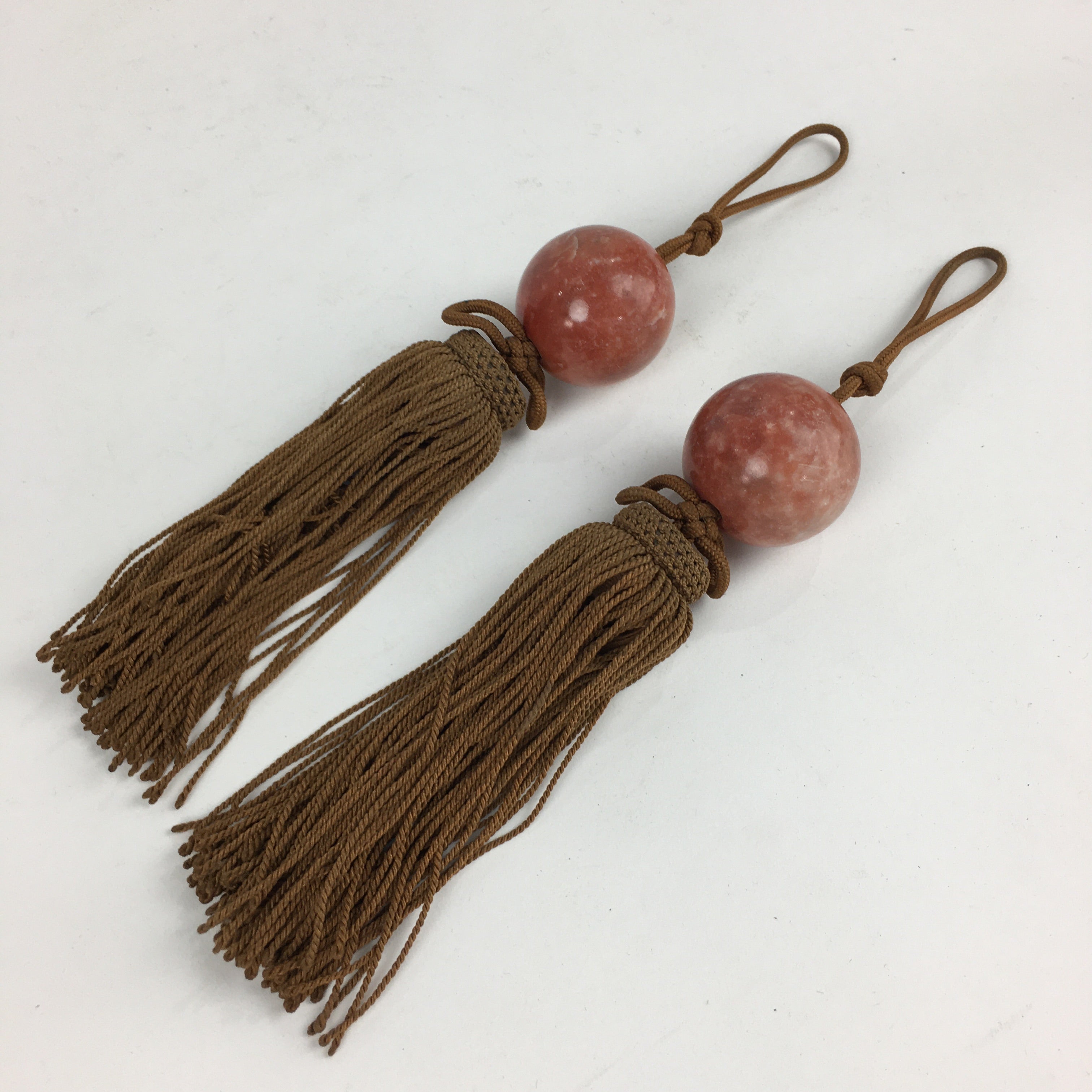 Japanese Hanging Scroll Weights Vtg Fuchin Marble Stone Brown Tassel FC288