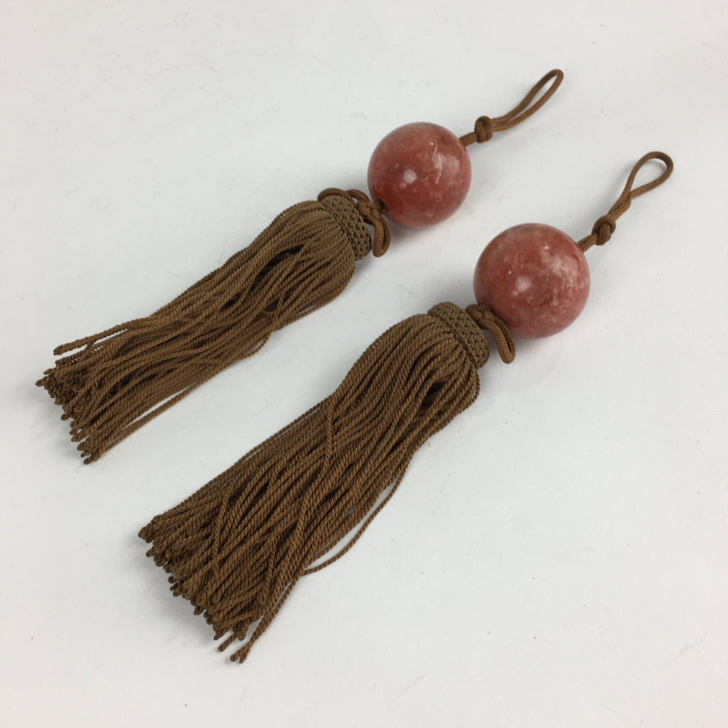 Japanese Hanging Scroll Weights Vtg Fuchin Marble Stone Brown Tassel FC288