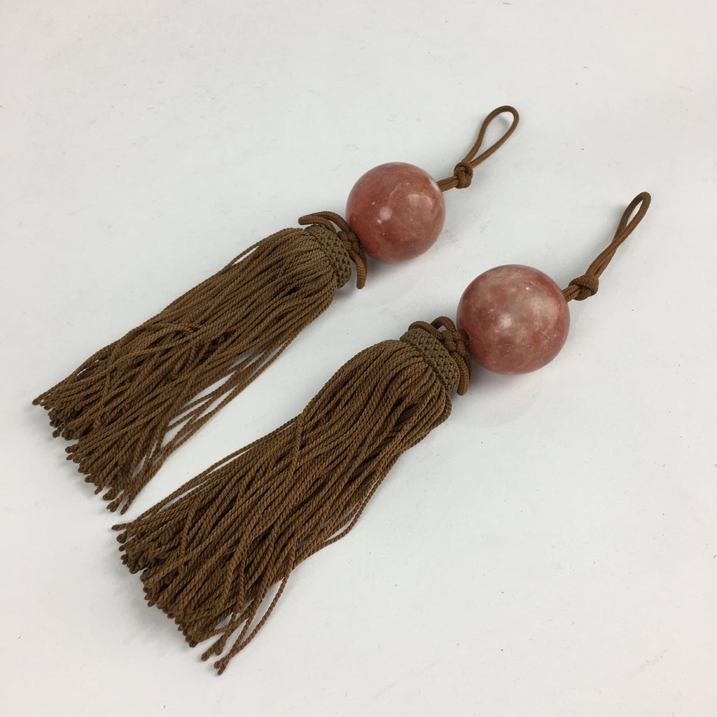 Japanese Hanging Scroll Weights Vtg Fuchin Marble Stone Brown Tassel FC288