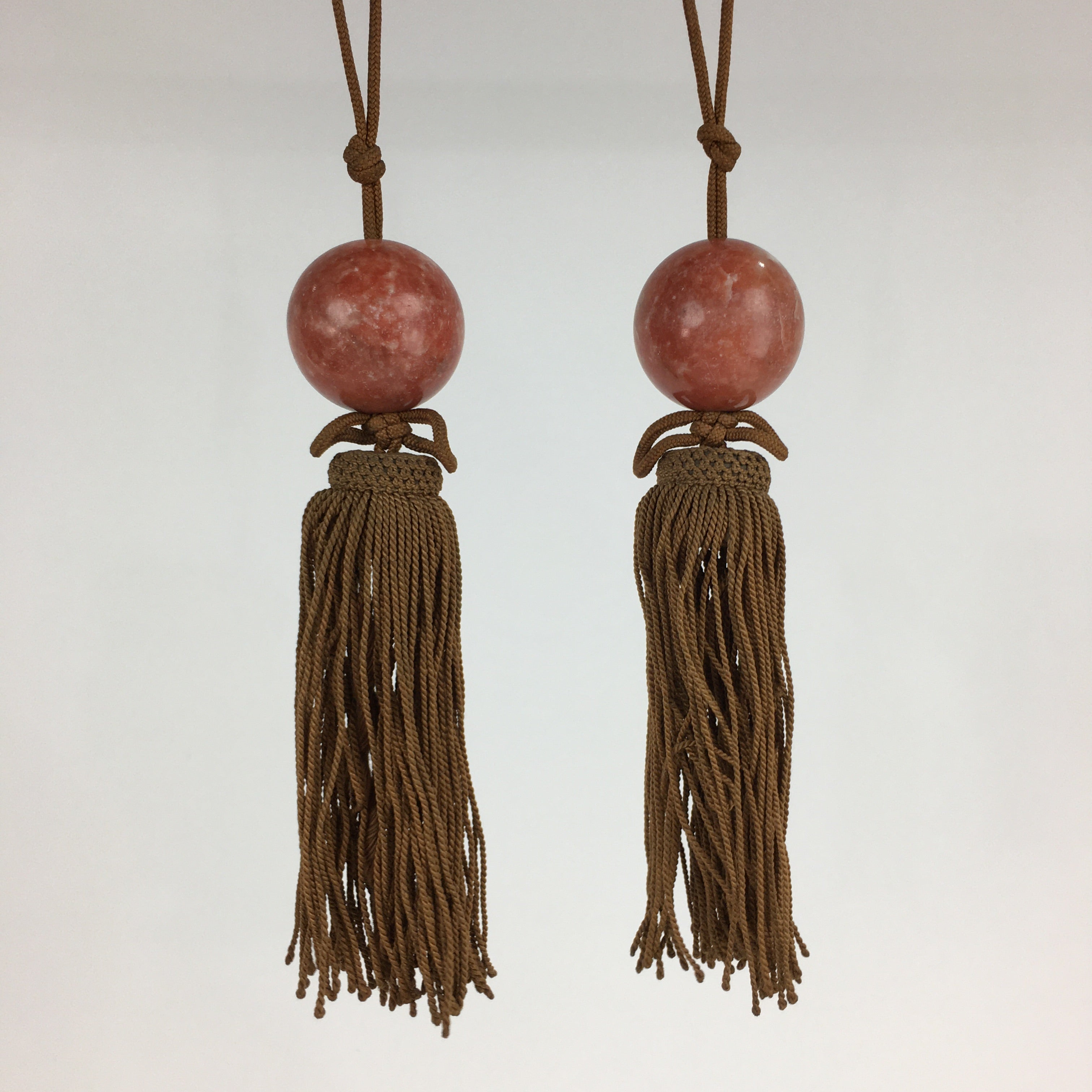 Japanese Hanging Scroll Weights Vtg Fuchin Marble Stone Brown Tassel FC288