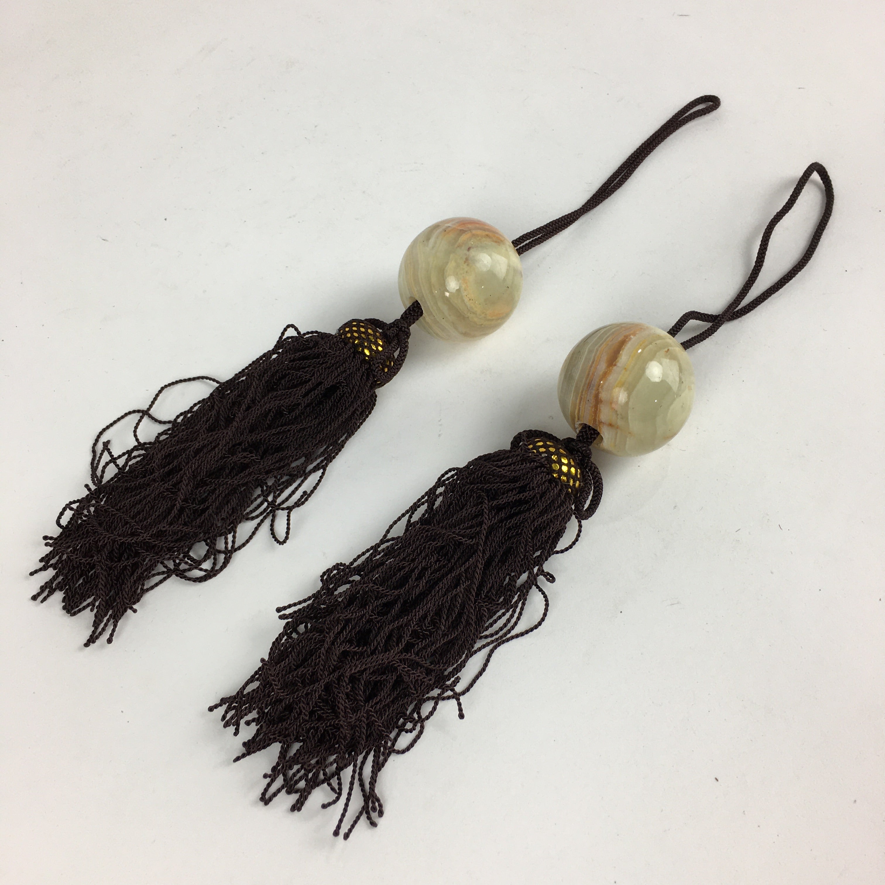 Japanese Hanging Scroll Weights Vtg Fuchin Marble Stone Brown Tassel FC291