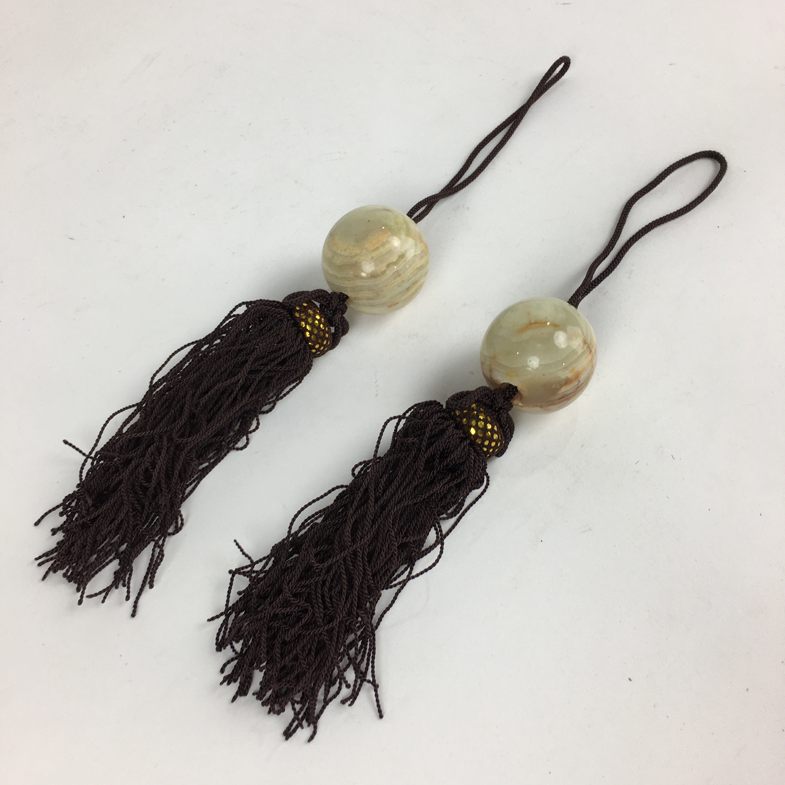 Japanese Hanging Scroll Weights Vtg Fuchin Marble Stone Brown Tassel FC291