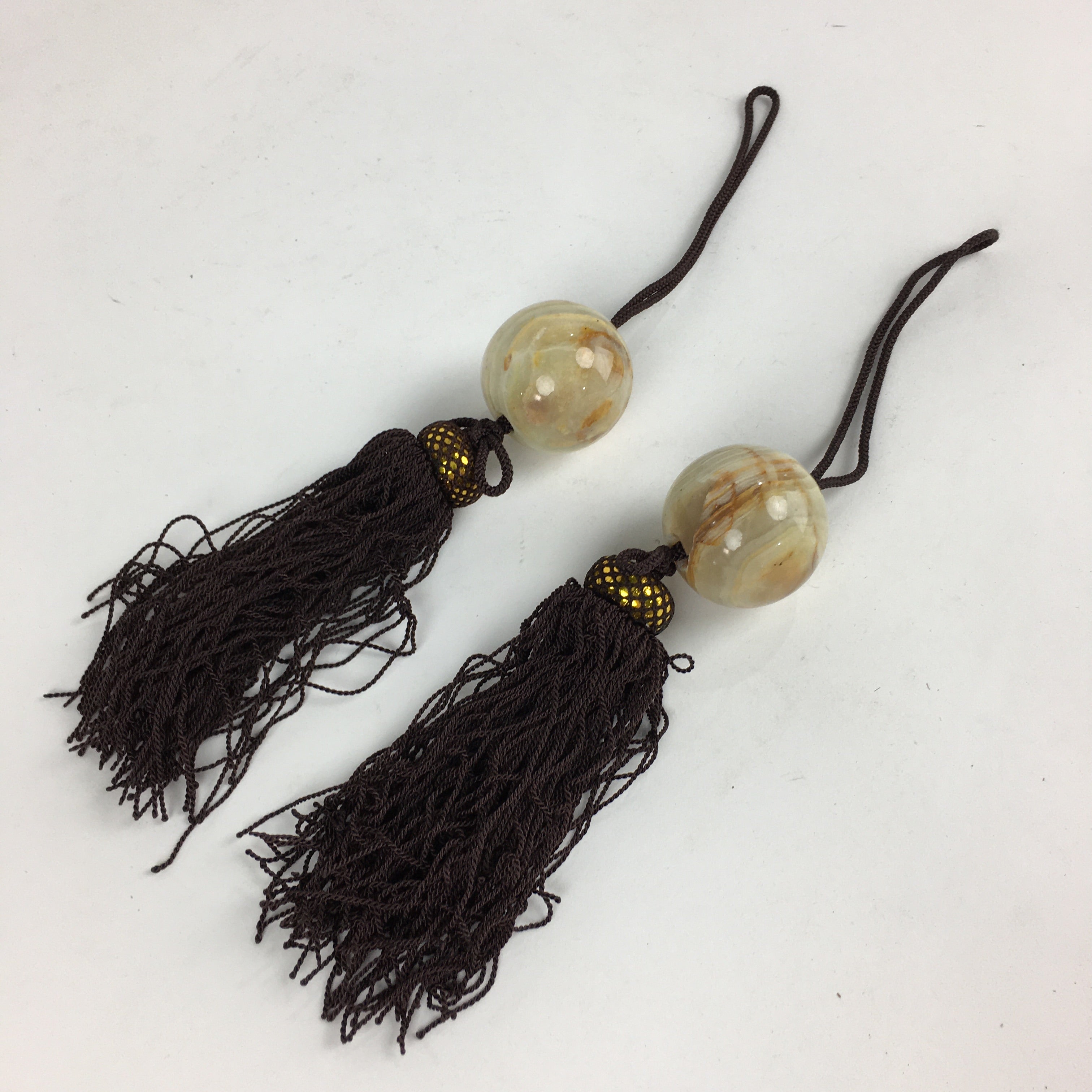 Japanese Hanging Scroll Weights Vtg Fuchin Marble Stone Brown Tassel FC291