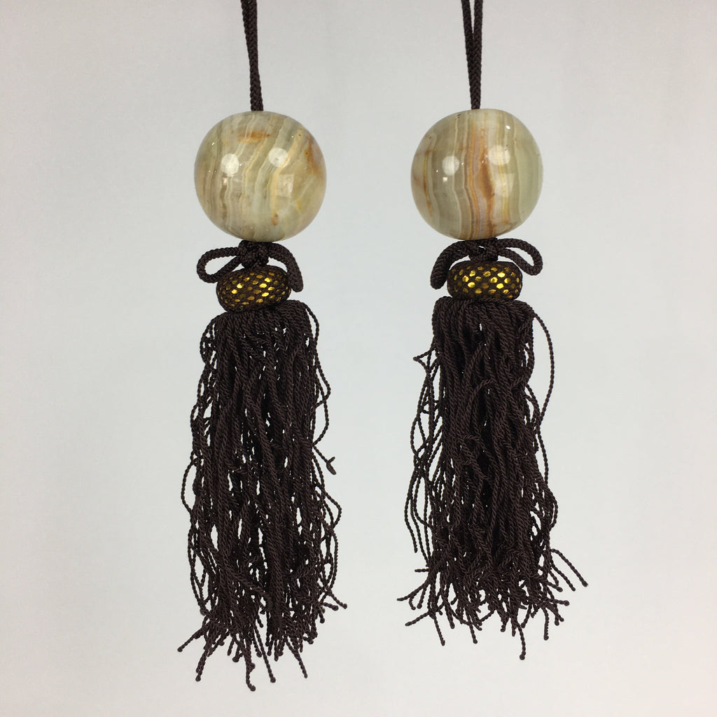 Japanese Hanging Scroll Weights Vtg Fuchin Marble Stone Brown Tassel FC291