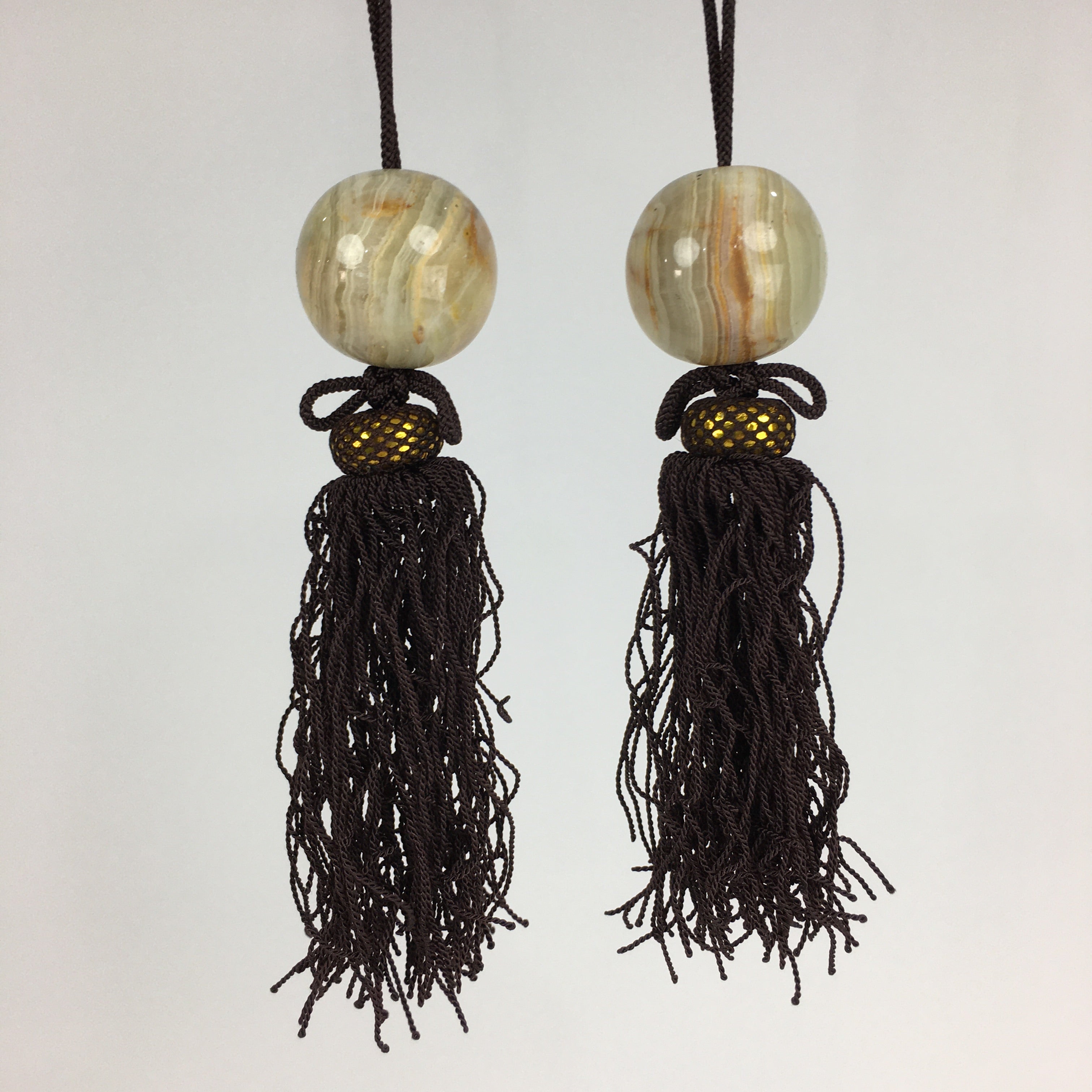 Japanese Hanging Scroll Weights Vtg Fuchin Marble Stone Brown Tassel FC291