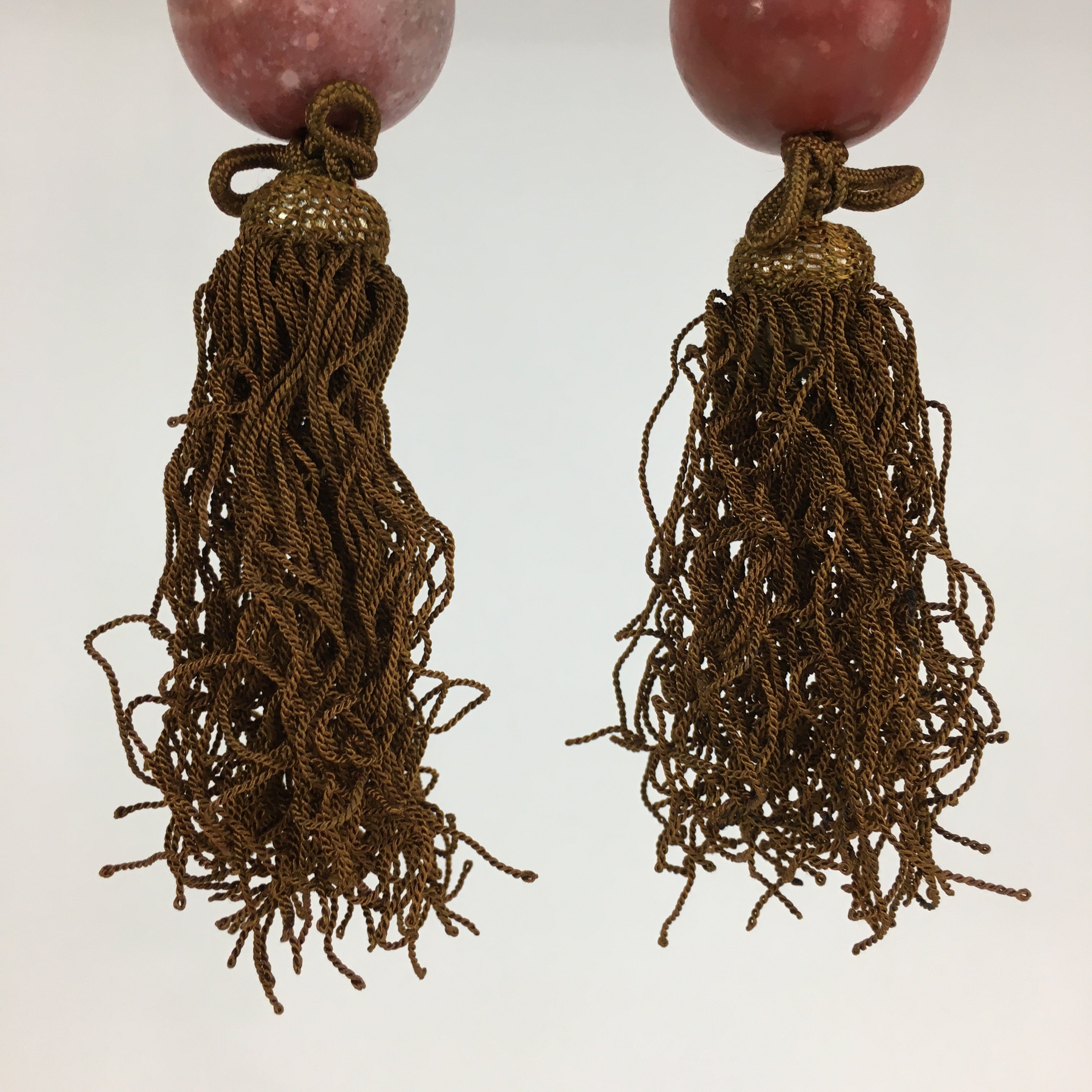 Japanese Hanging Scroll Weights Vtg Fuchin Marble Stone Brown Tassel FC296