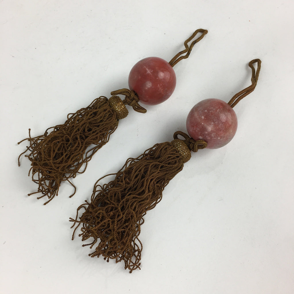 Japanese Hanging Scroll Weights Vtg Fuchin Marble Stone Brown Tassel FC296