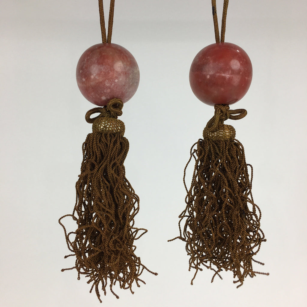 Japanese Hanging Scroll Weights Vtg Fuchin Marble Stone Brown Tassel FC296