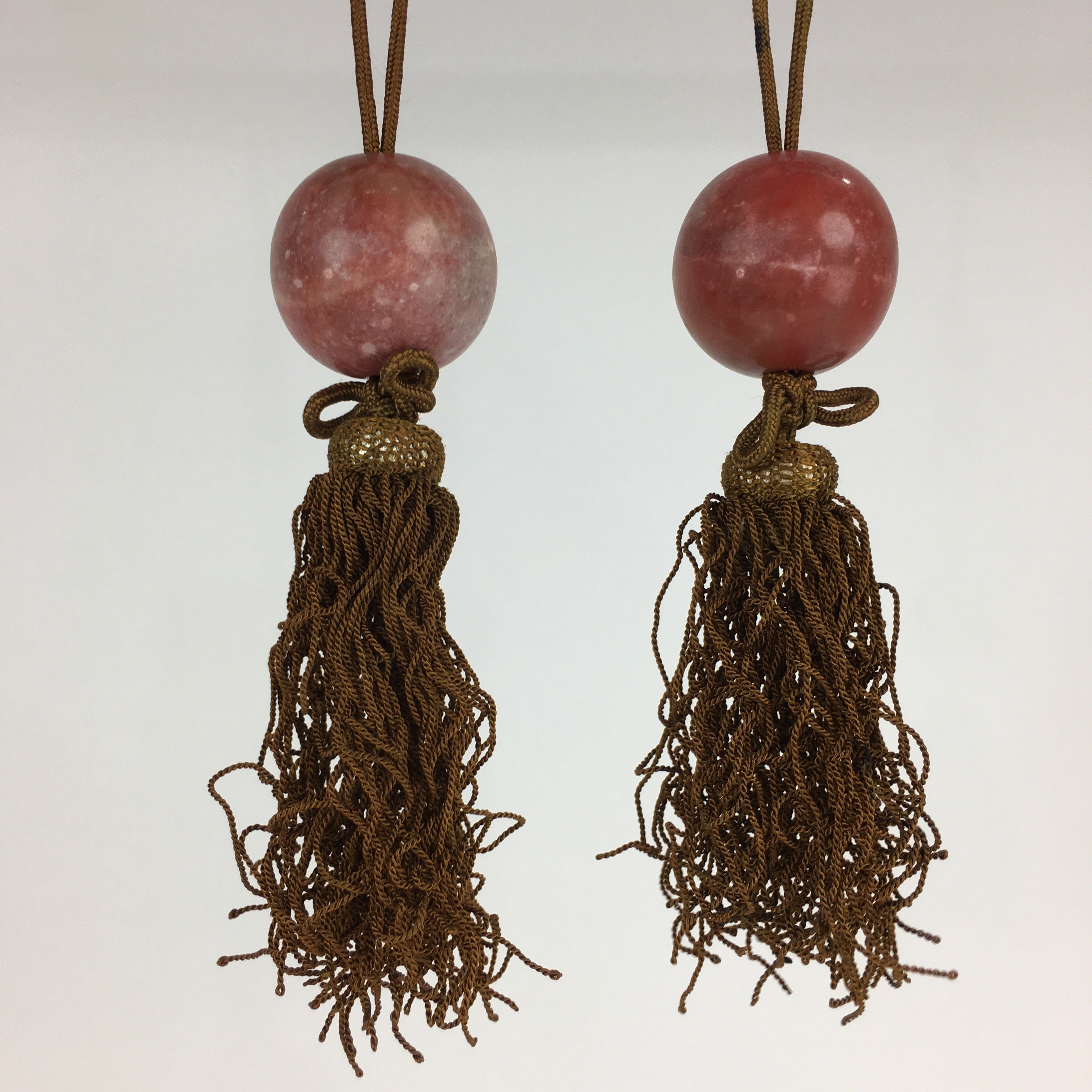 Japanese Hanging Scroll Weights Vtg Fuchin Marble Stone Brown Tassel FC296