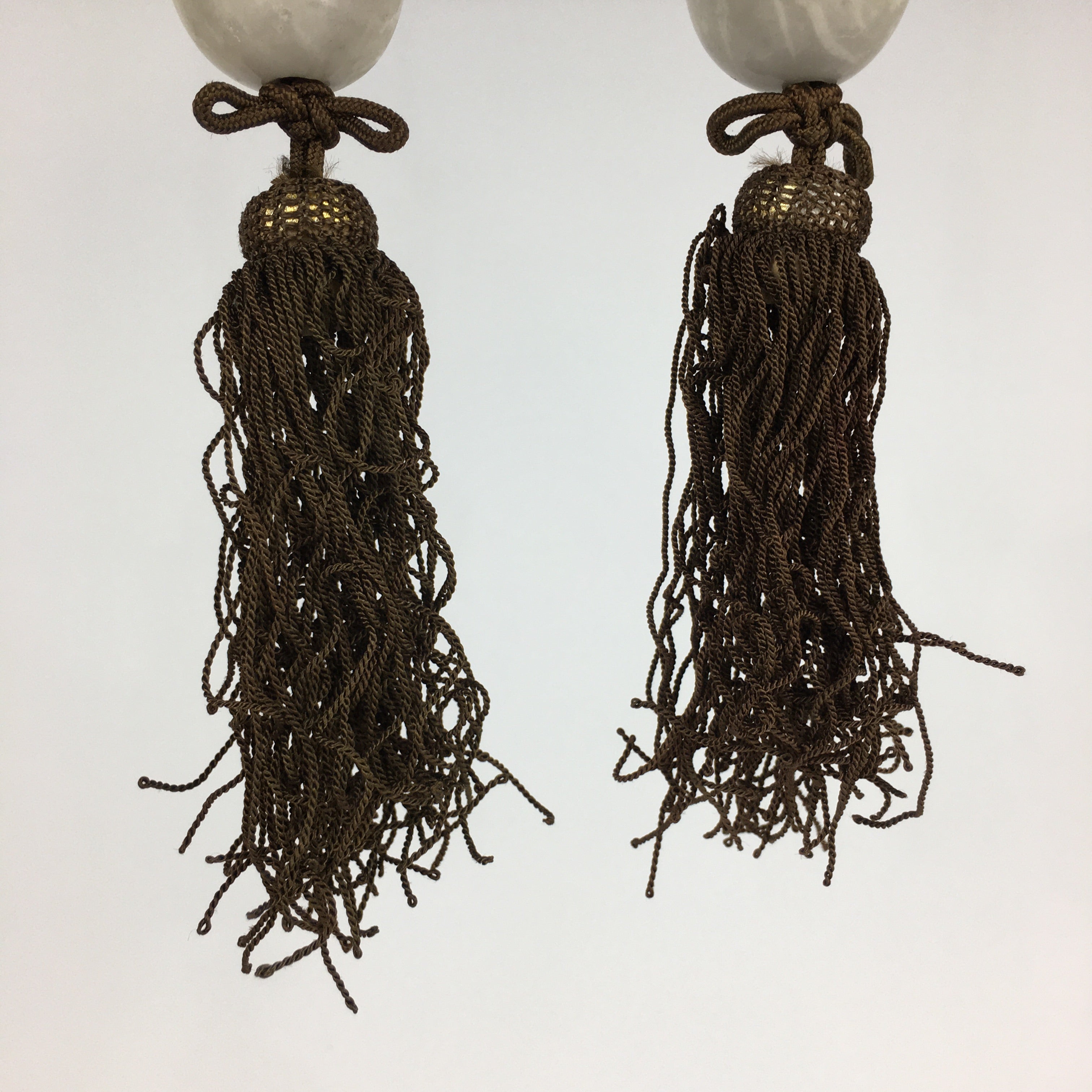 Japanese Hanging Scroll Weights Vtg Fuchin Marble Stone Brown Tassel FC298