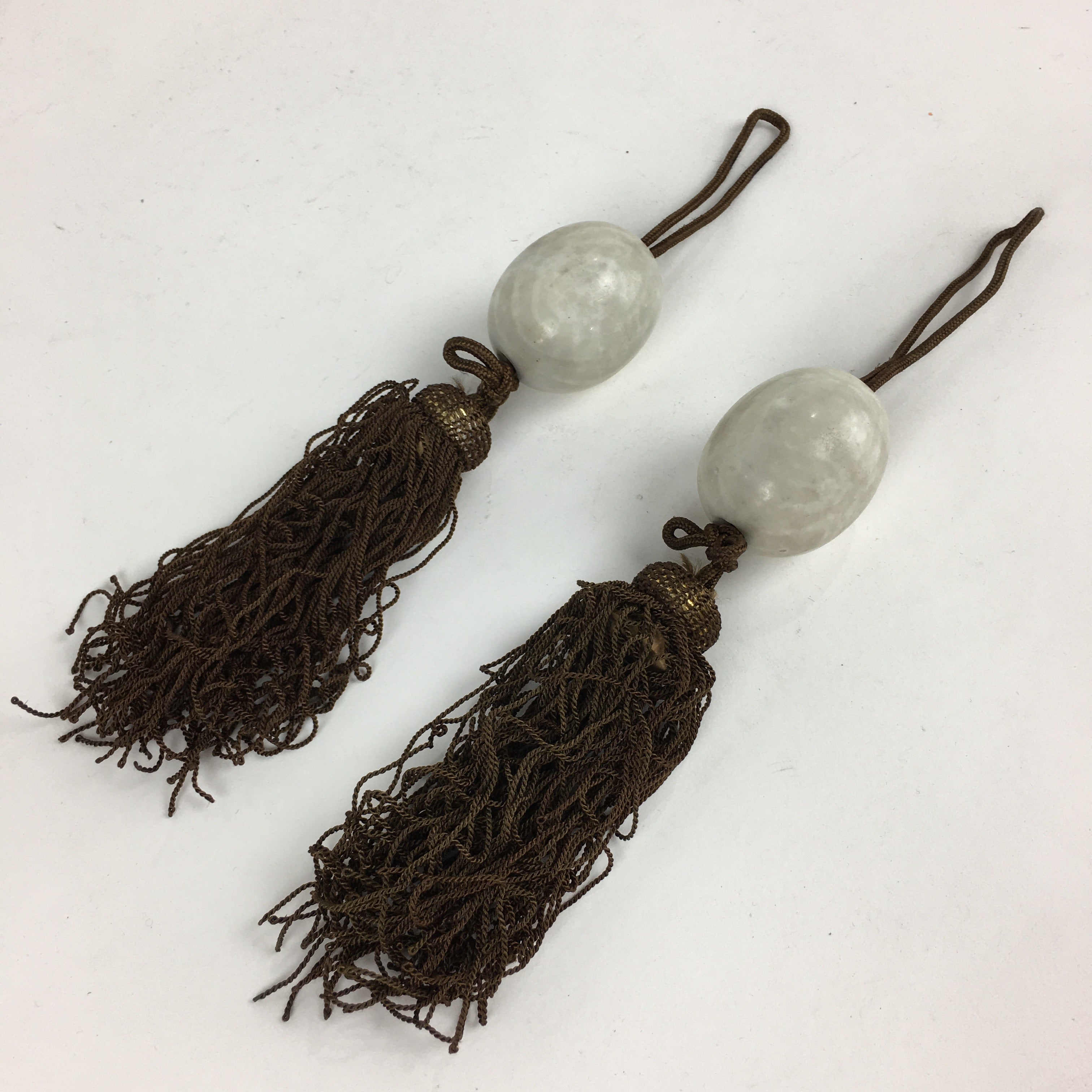 Japanese Hanging Scroll Weights Vtg Fuchin Marble Stone Brown Tassel FC298