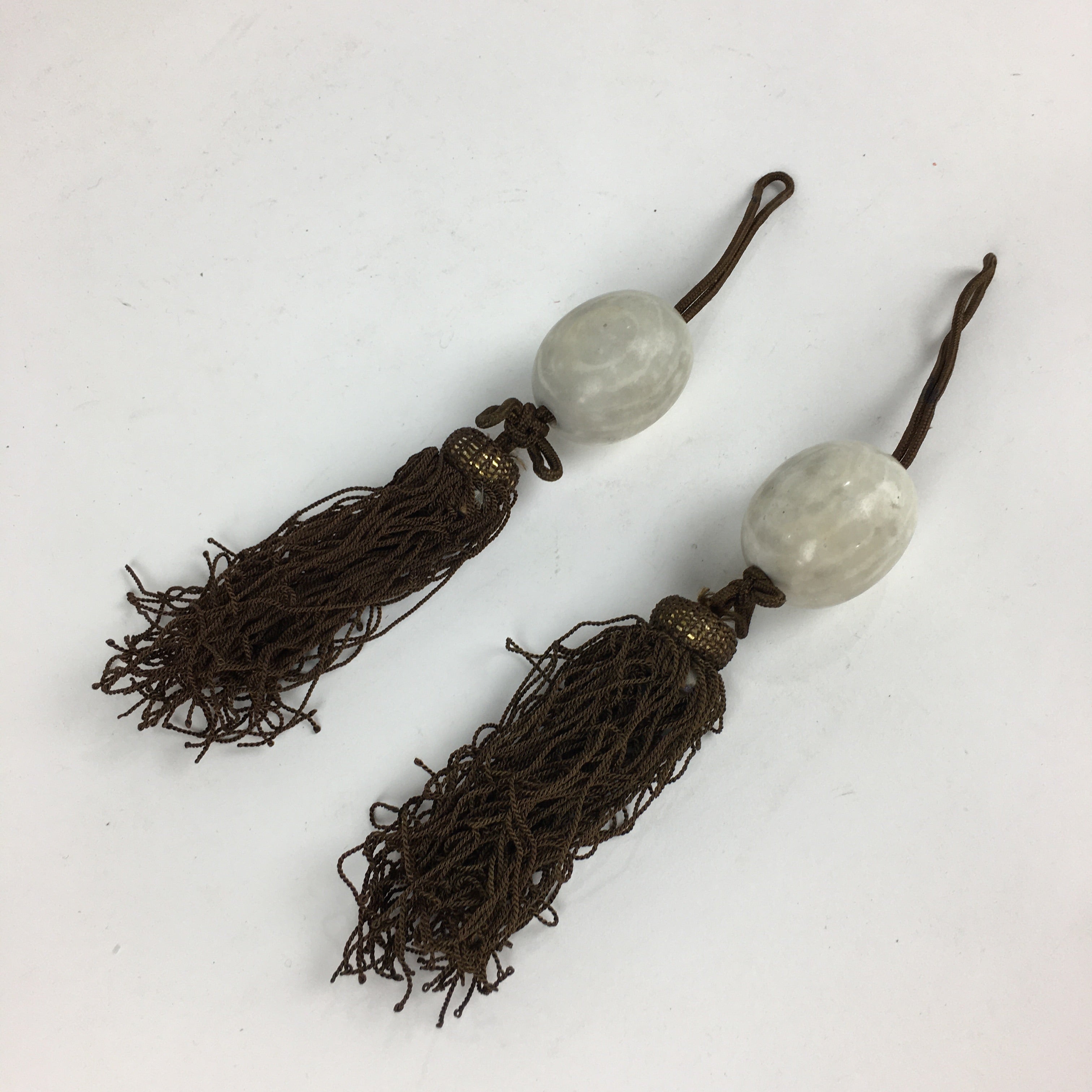 Japanese Hanging Scroll Weights Vtg Fuchin Marble Stone Brown Tassel FC298