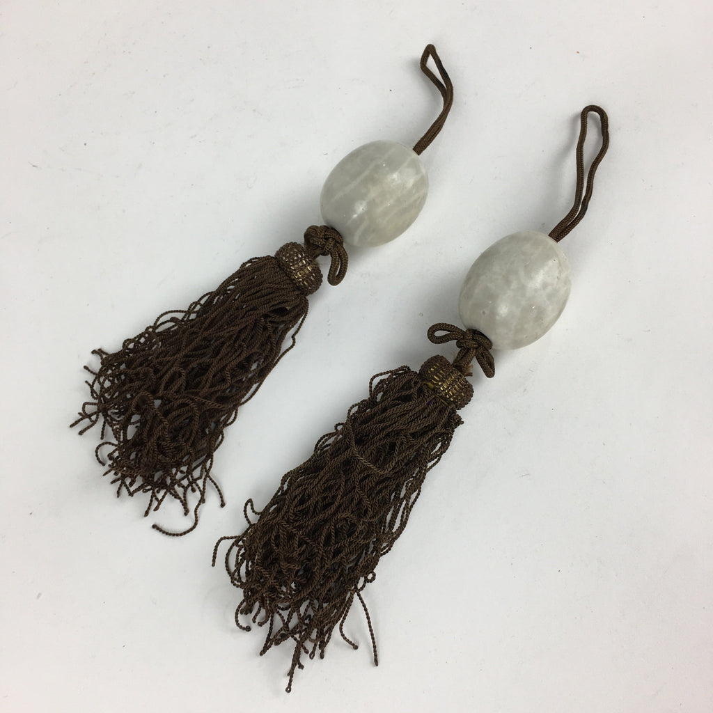 Japanese Hanging Scroll Weights Vtg Fuchin Marble Stone Brown Tassel FC298