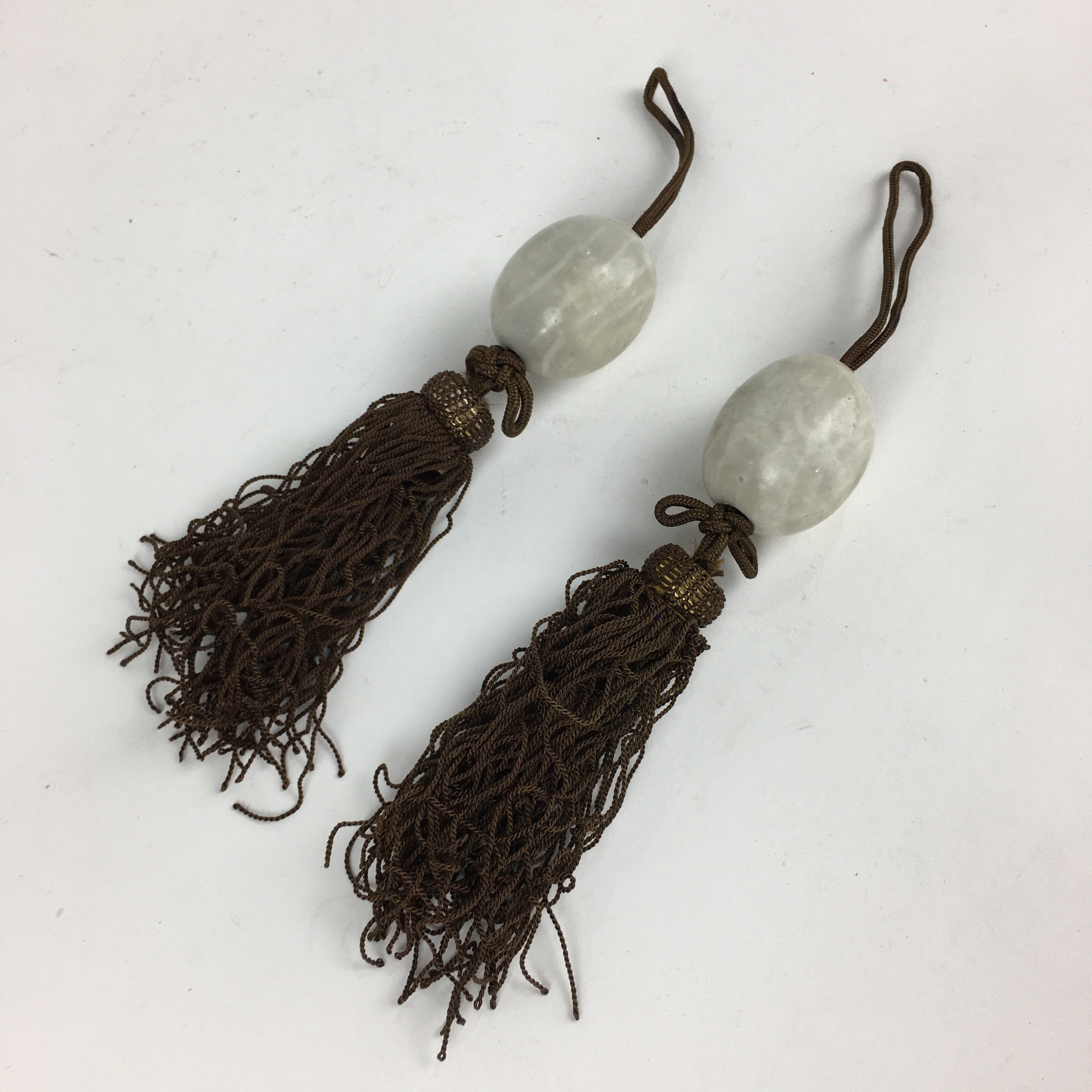 Japanese Hanging Scroll Weights Vtg Fuchin Marble Stone Brown Tassel FC298