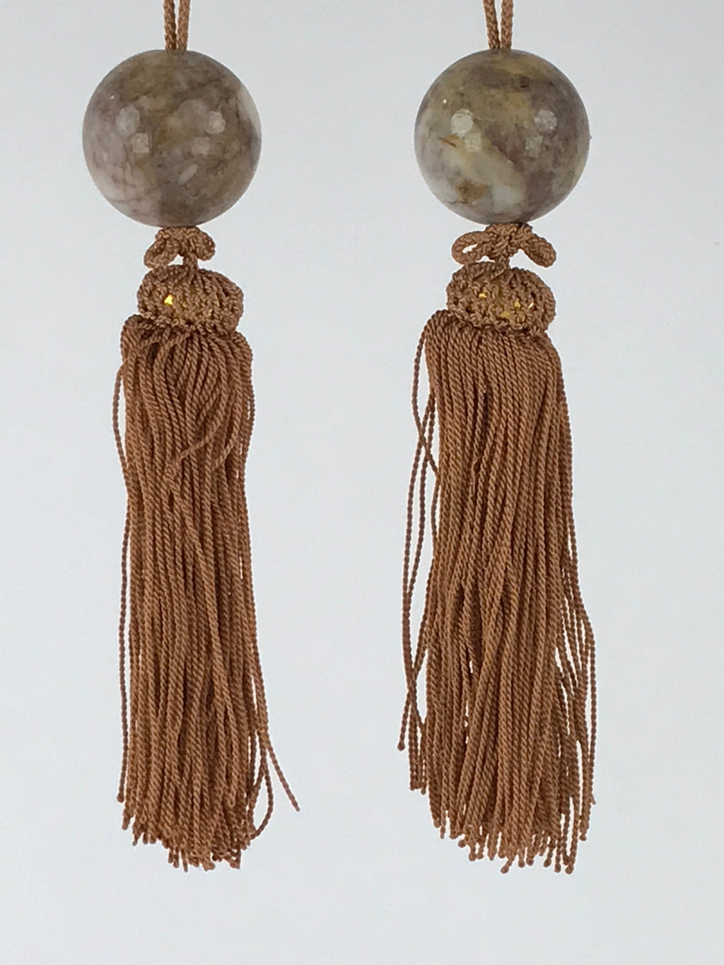 Japanese Hanging Scroll Weights Vtg Fuchin Marble Stone Brown Tassel FC306
