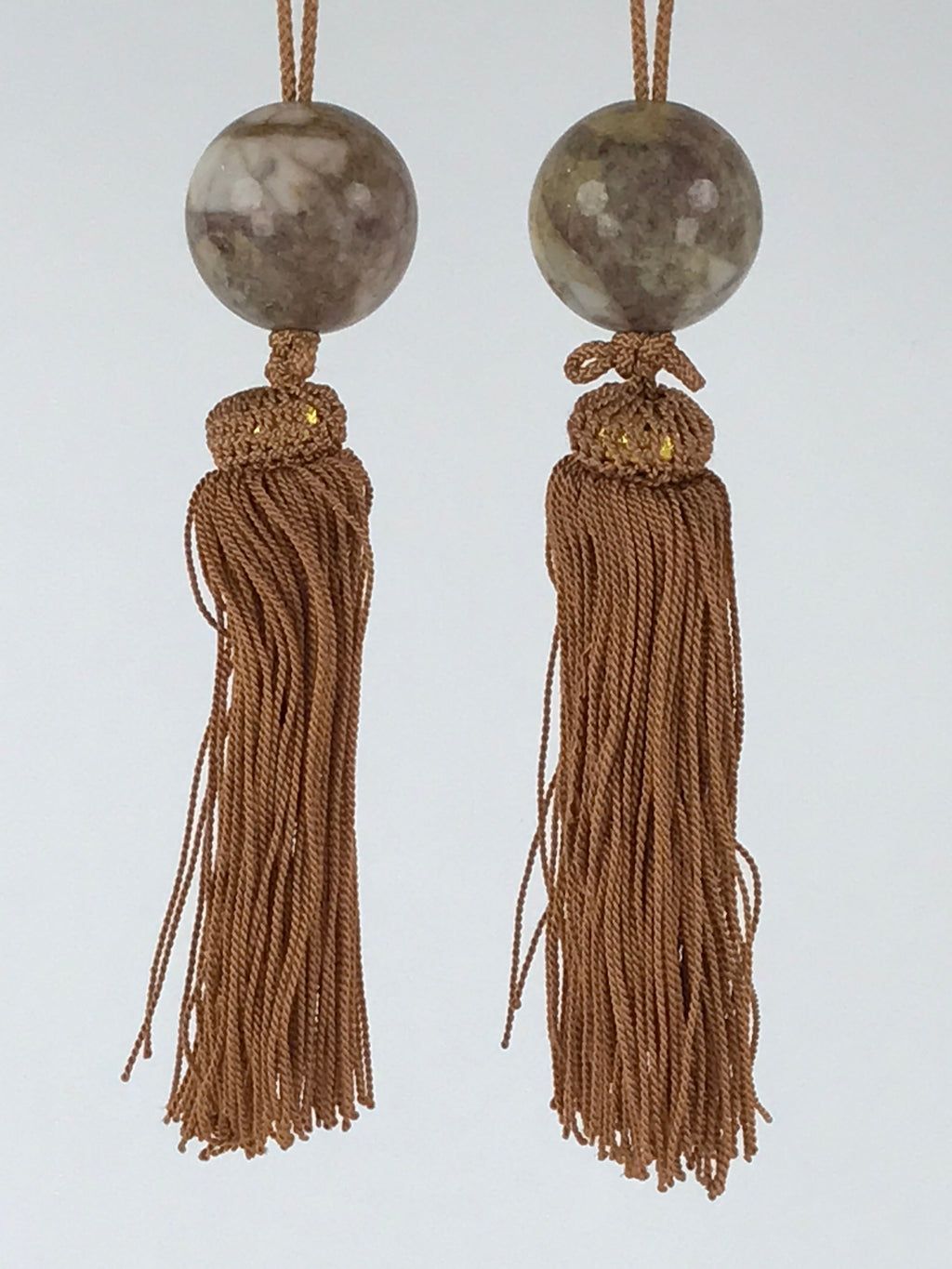 Japanese Hanging Scroll Weights Vtg Fuchin Marble Stone Brown Tassel FC306