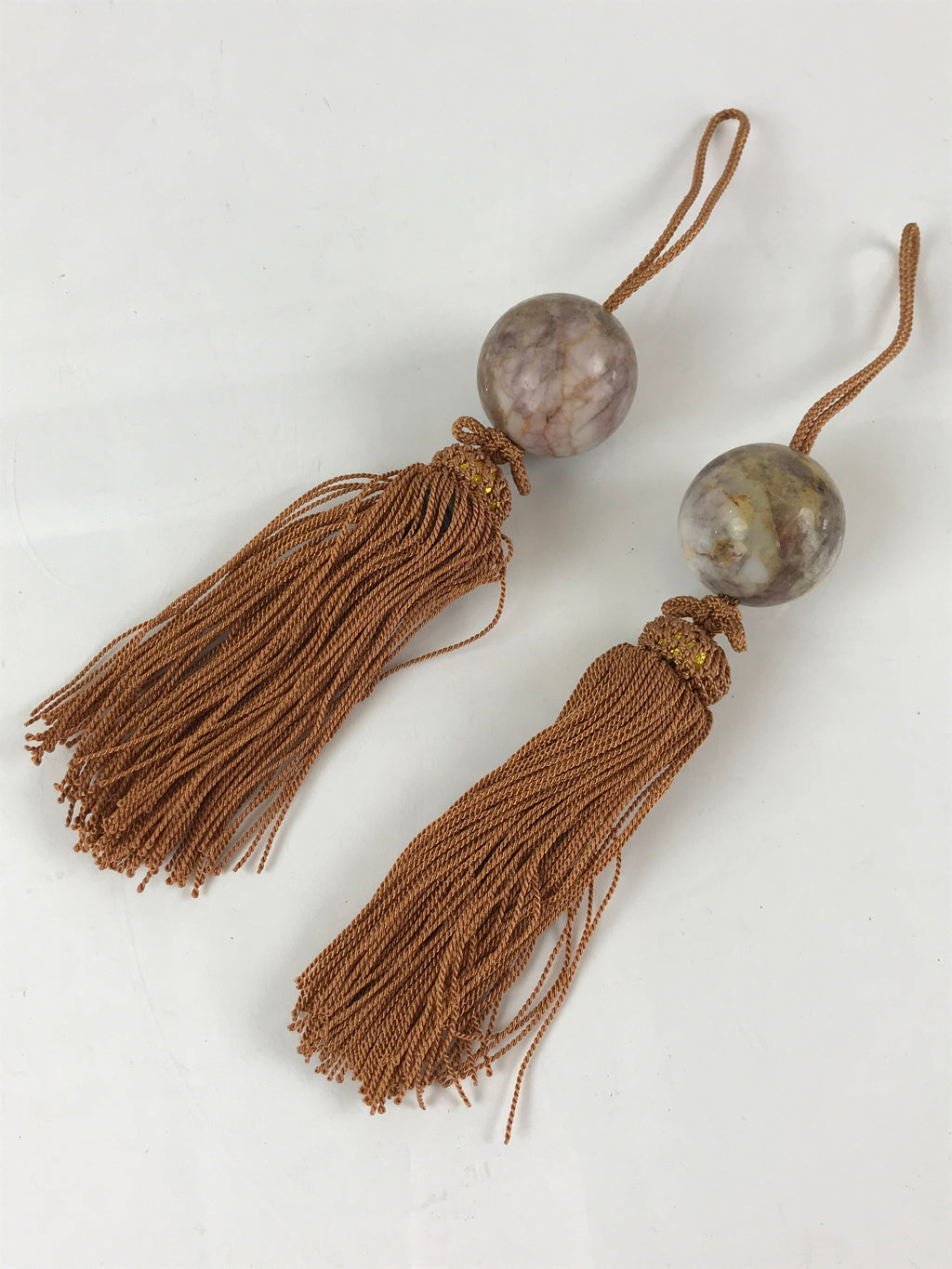 Japanese Hanging Scroll Weights Vtg Fuchin Marble Stone Brown Tassel FC306