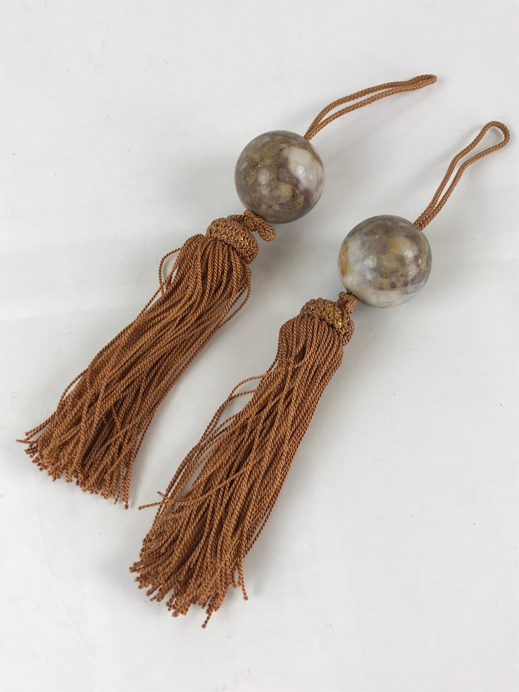 Japanese Hanging Scroll Weights Vtg Fuchin Marble Stone Brown Tassel FC306