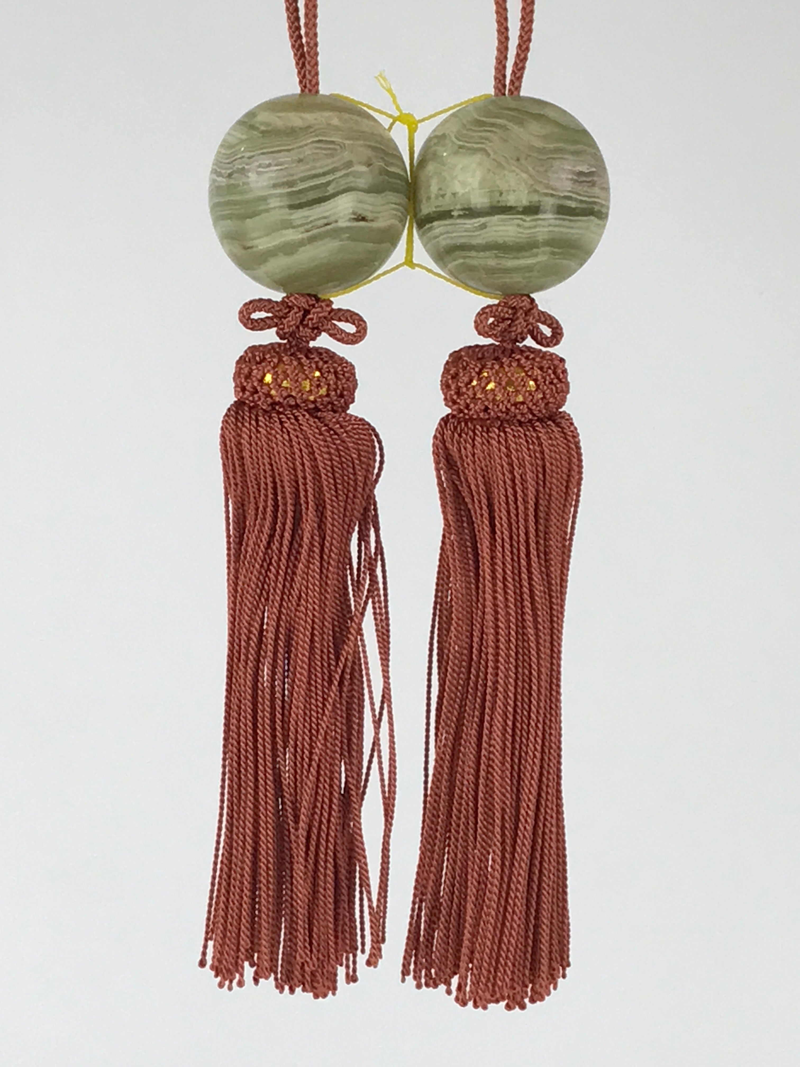 Japanese Hanging Scroll Weights Vtg Fuchin Marble Stone Brown Tassel FC311