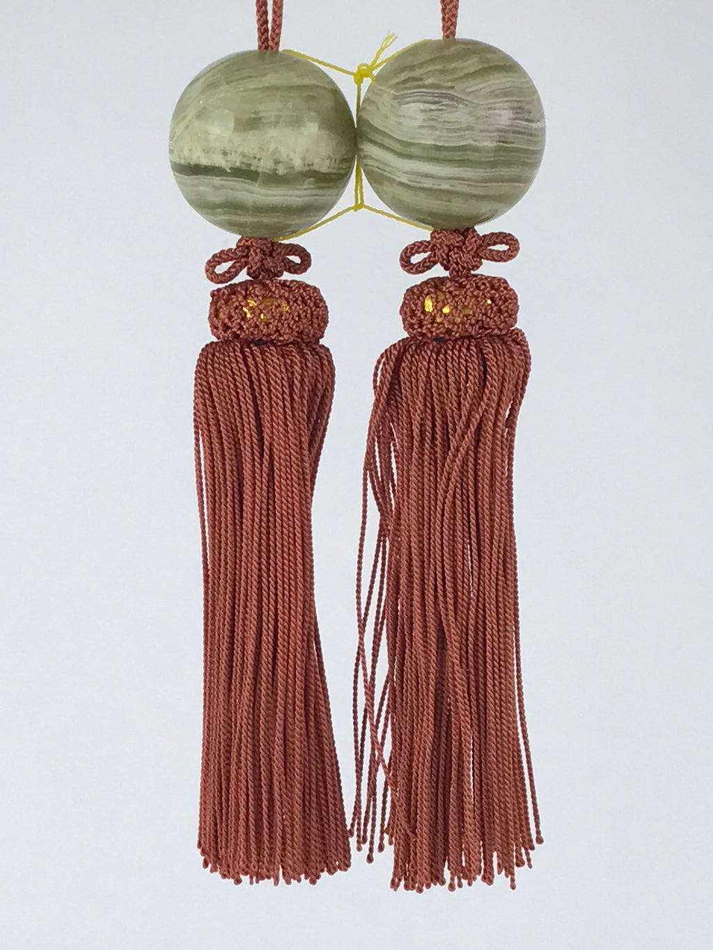 Japanese Hanging Scroll Weights Vtg Fuchin Marble Stone Brown Tassel FC311