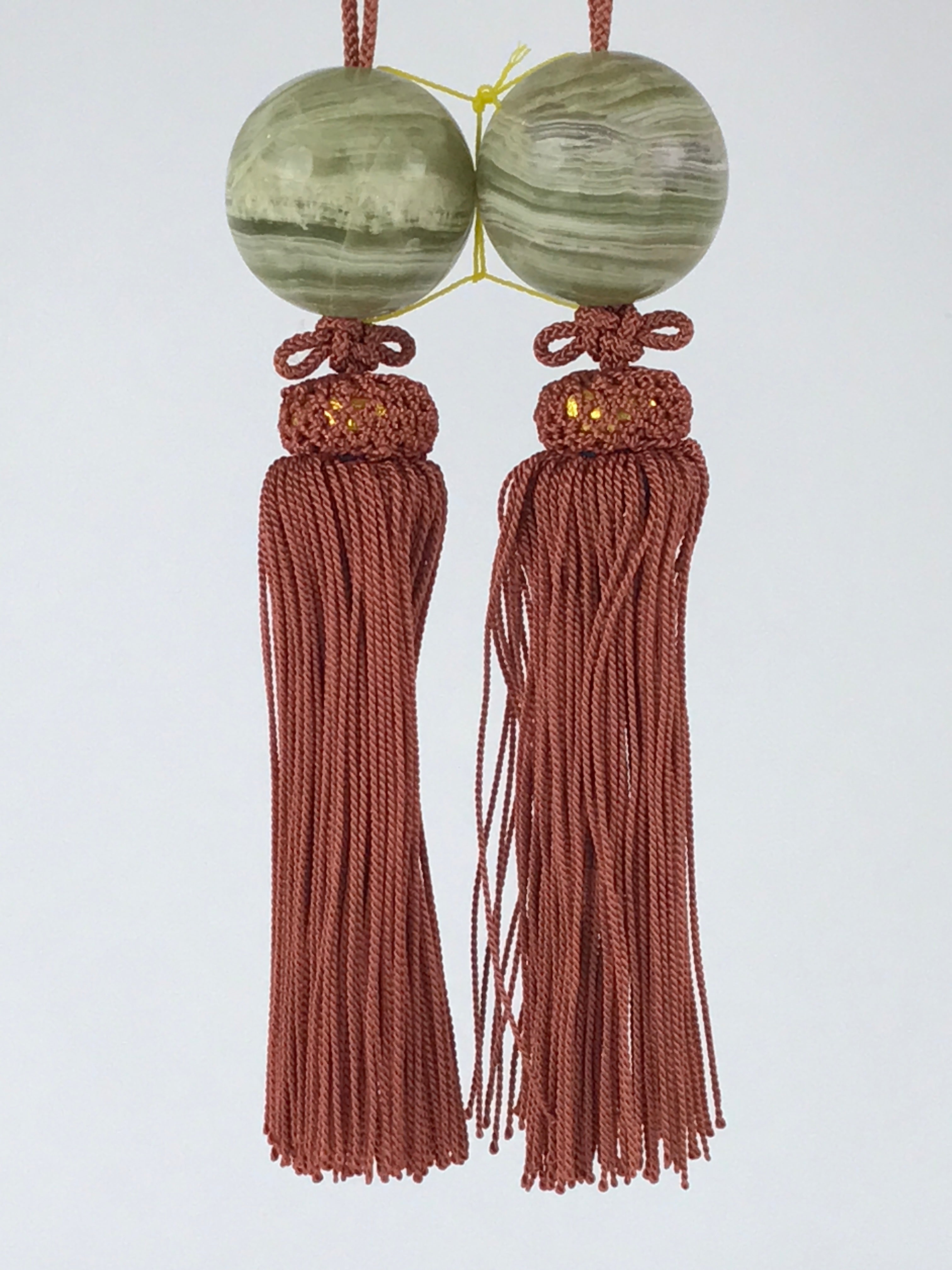 Japanese Hanging Scroll Weights Vtg Fuchin Marble Stone Brown Tassel FC311