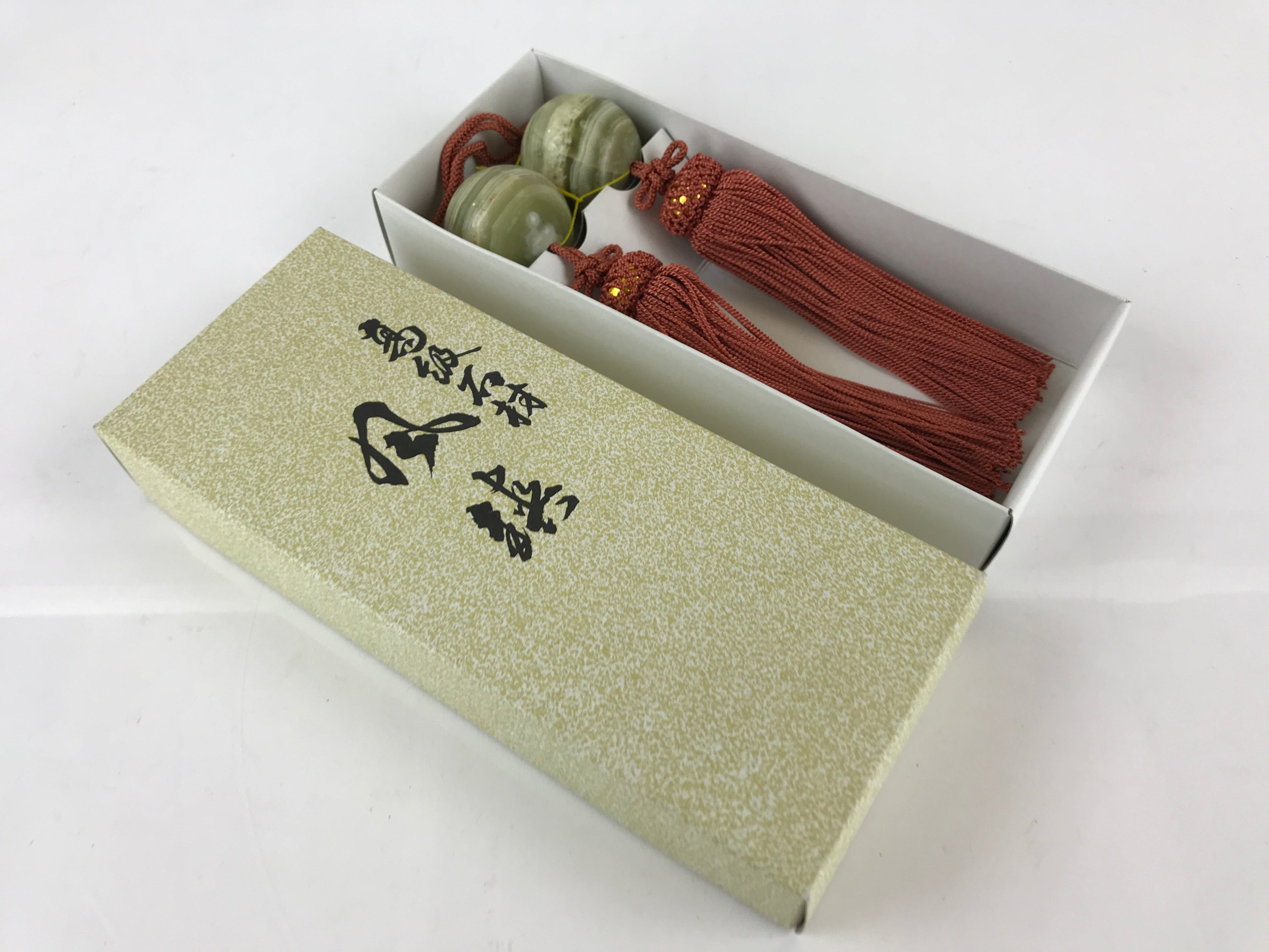 Japanese Hanging Scroll Weights Vtg Fuchin Marble Stone Brown Tassel FC311