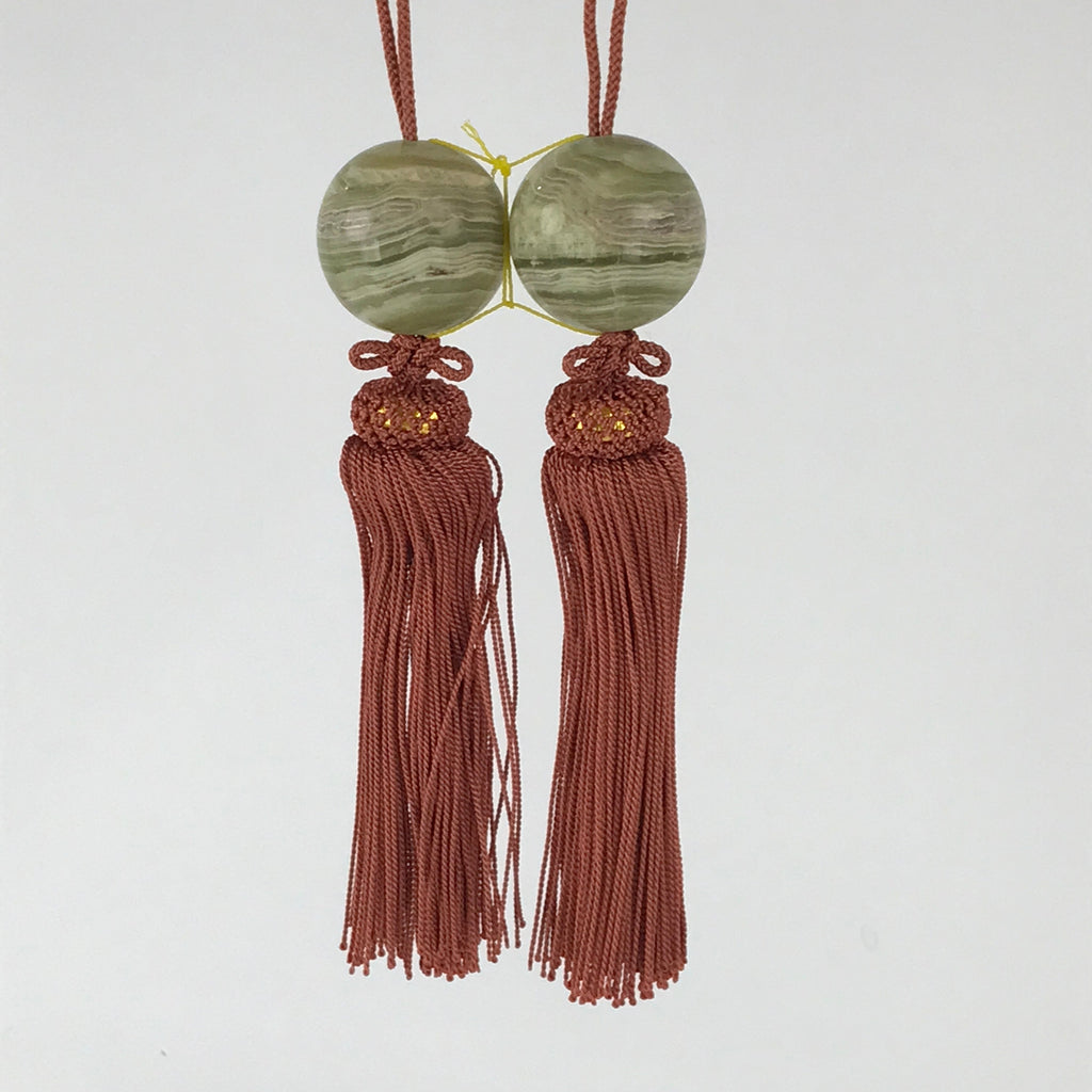 Japanese Hanging Scroll Weights Vtg Fuchin Marble Stone Brown Tassel FC311