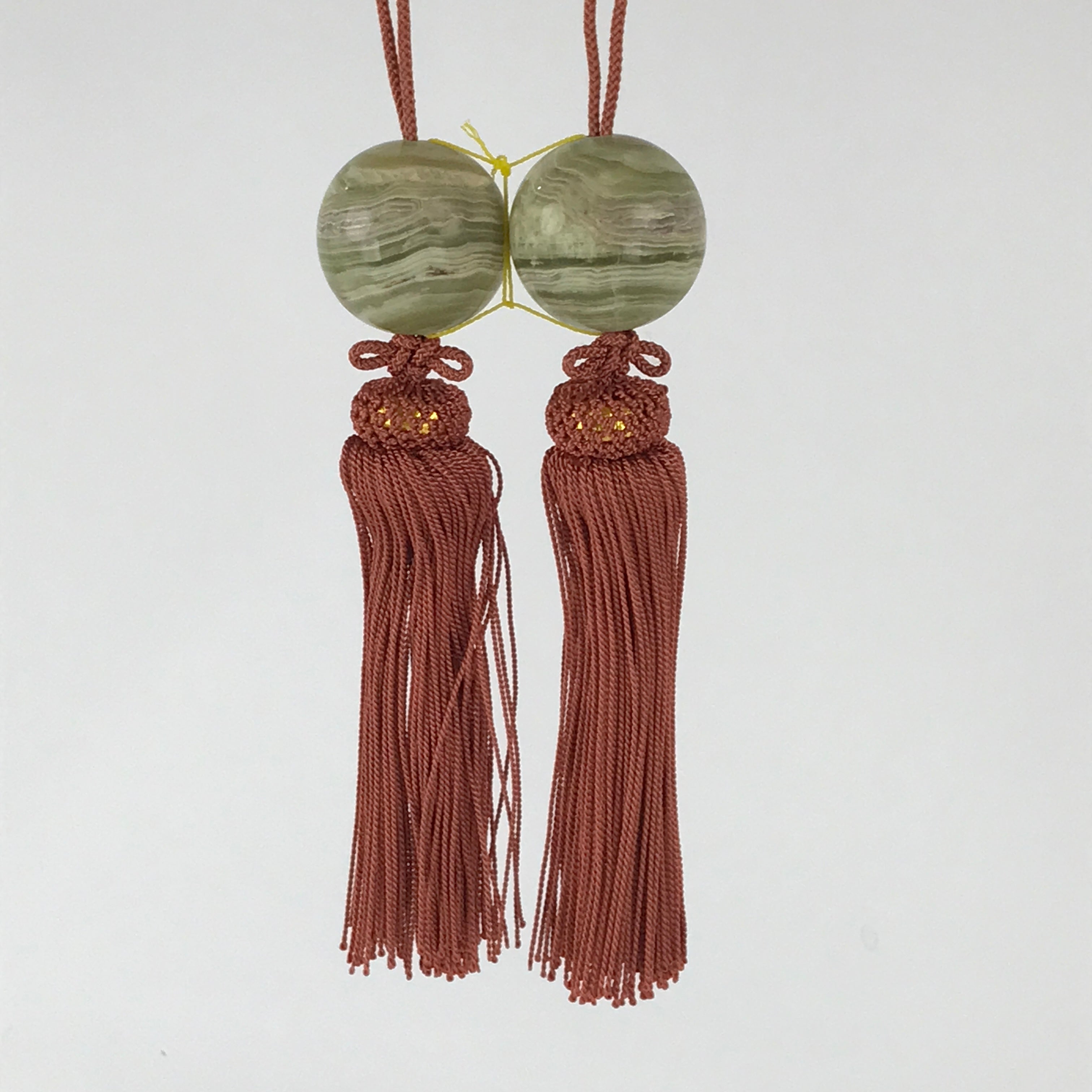 Japanese Hanging Scroll Weights Vtg Fuchin Marble Stone Brown Tassel FC311