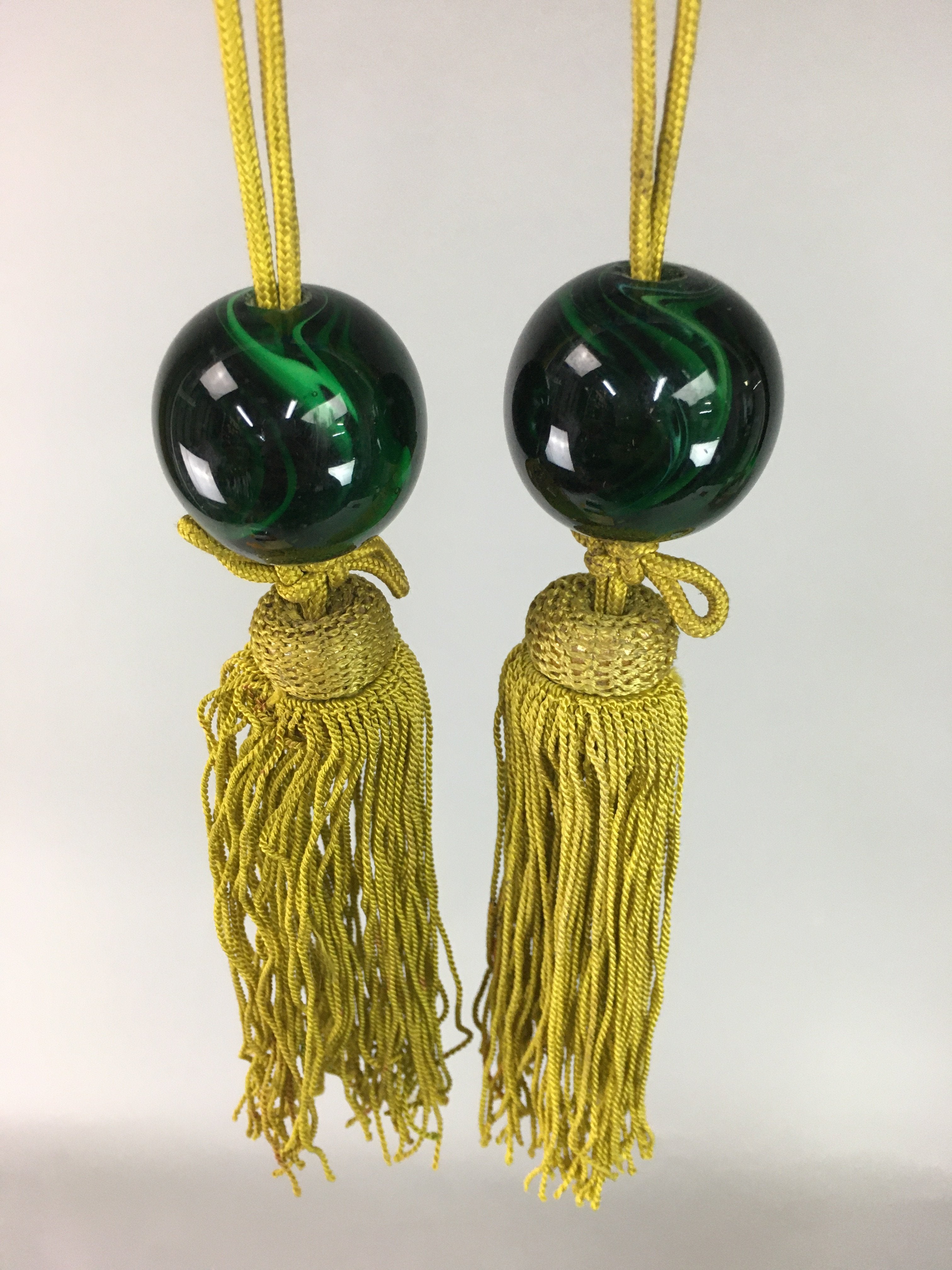 Japanese Hanging Scroll Weights Vtg Fuchin Marble Stone Gold Tassel FC203