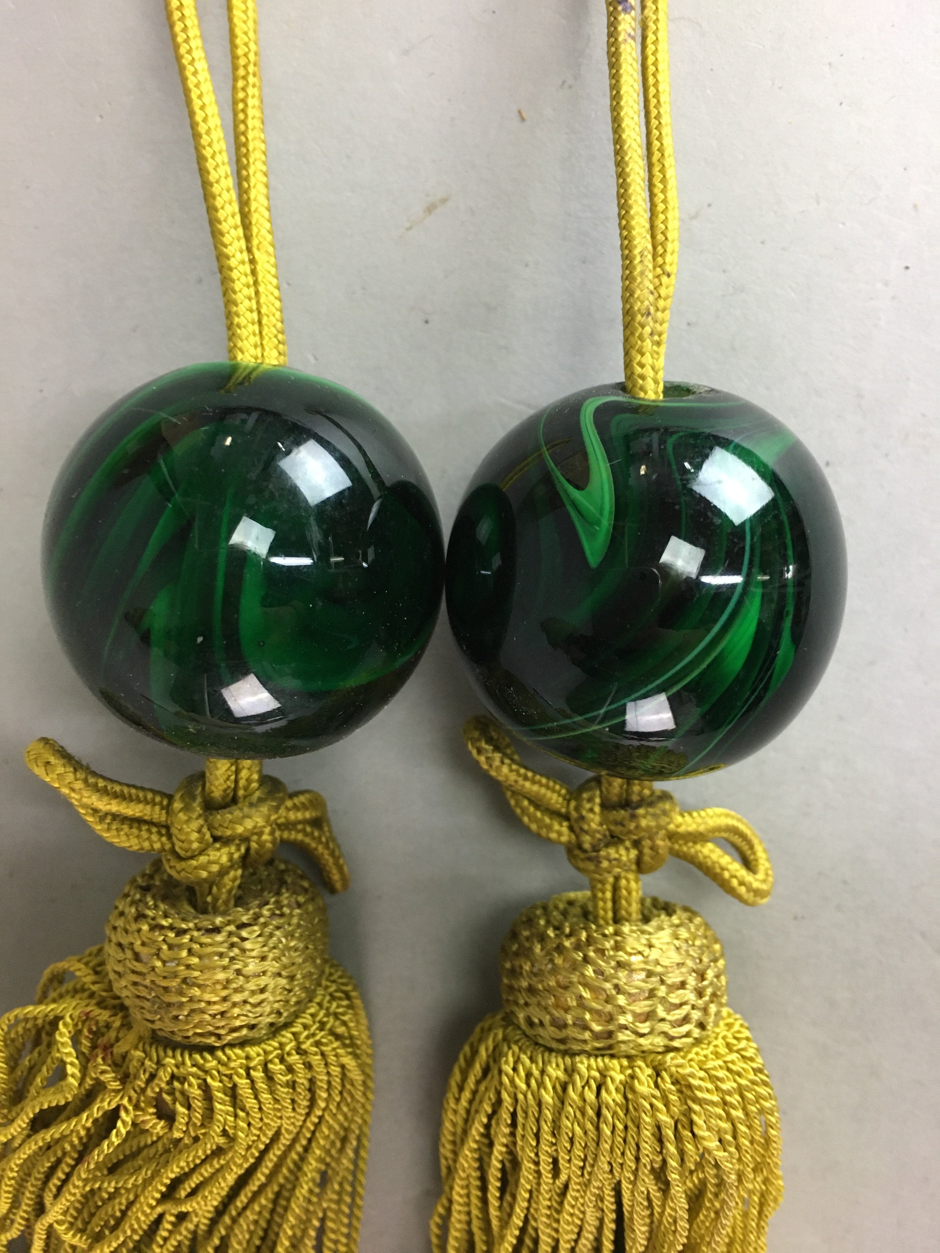 Japanese Hanging Scroll Weights Vtg Fuchin Marble Stone Gold Tassel FC203
