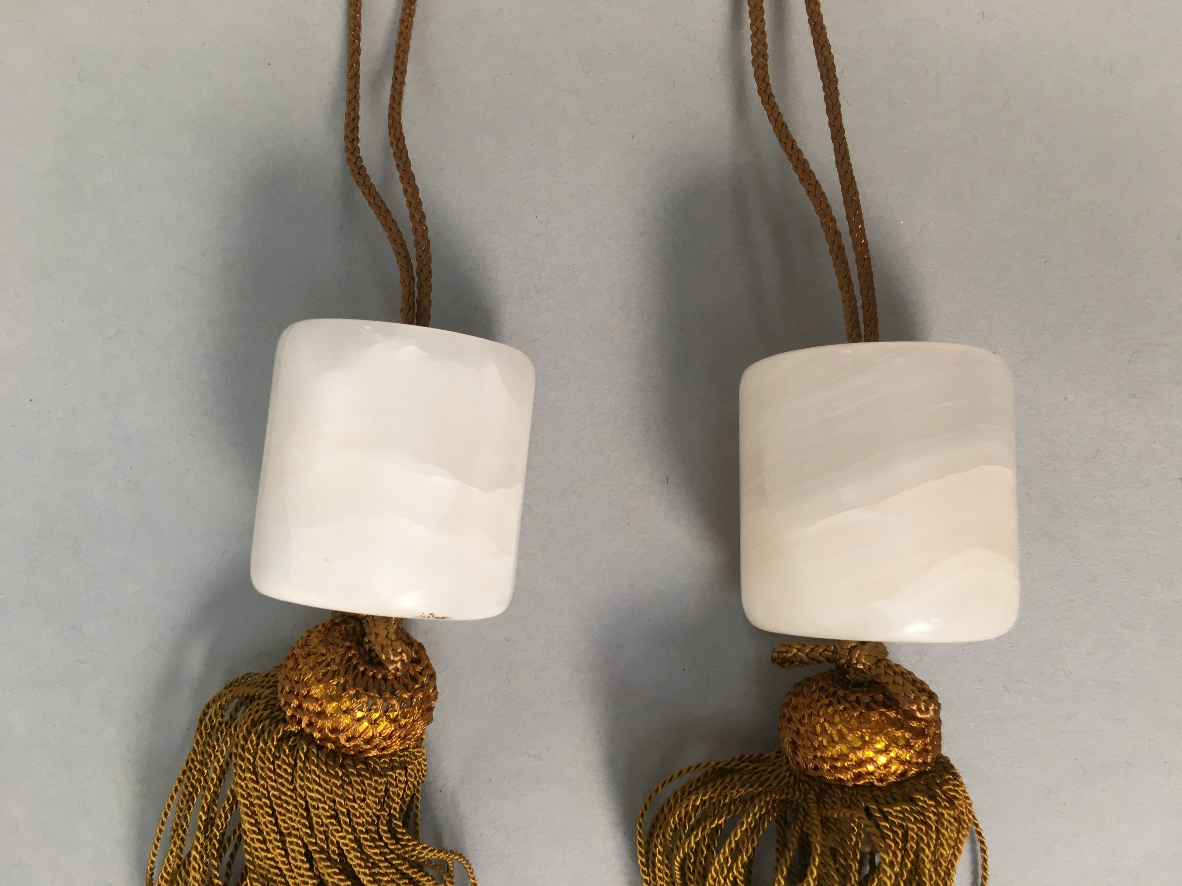 Japanese Hanging Scroll Weights Vtg Fuchin Marble Stone Gold Tassel FC264