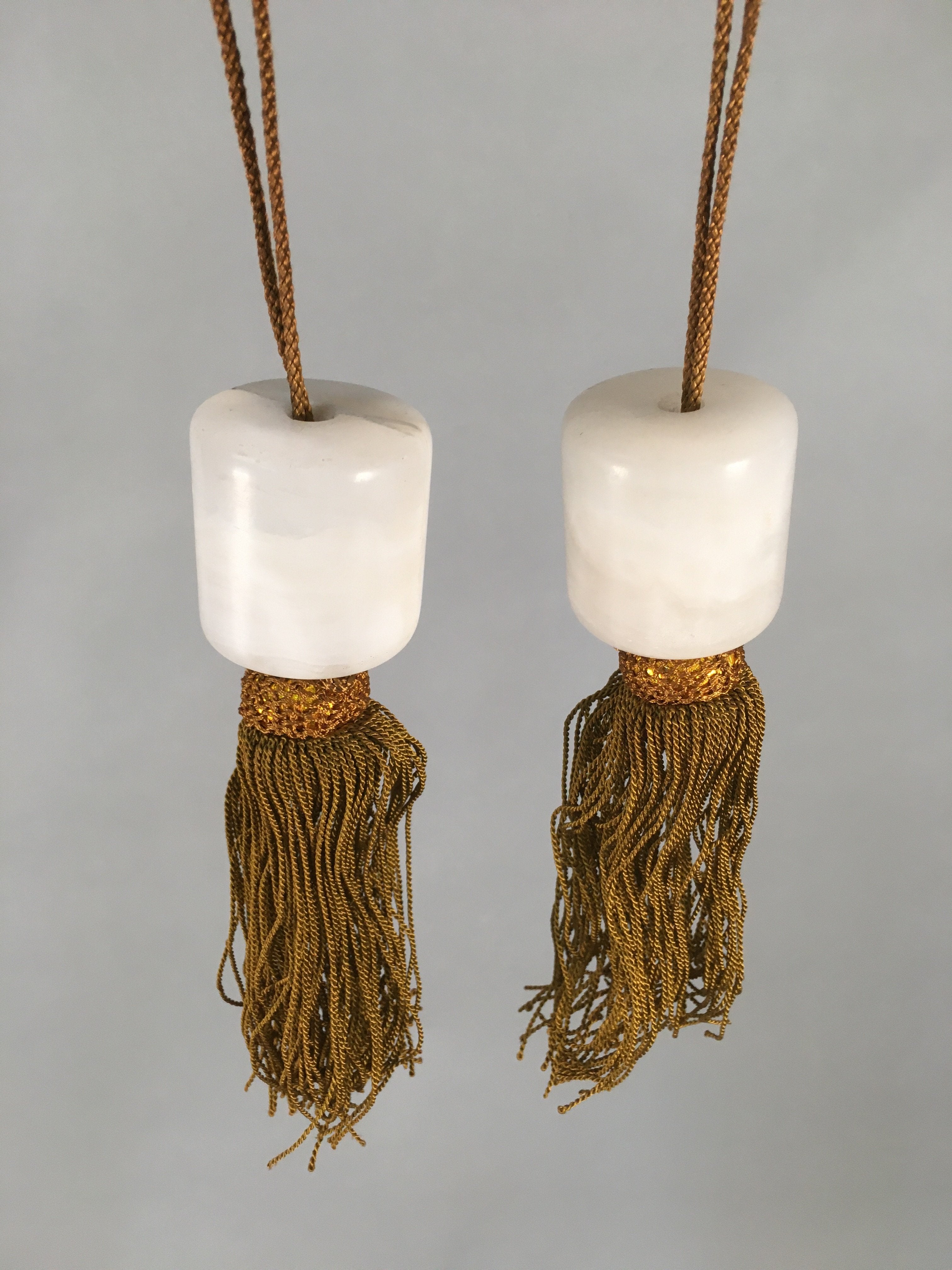 Japanese Hanging Scroll Weights Vtg Fuchin Marble Stone Gold Tassel FC264