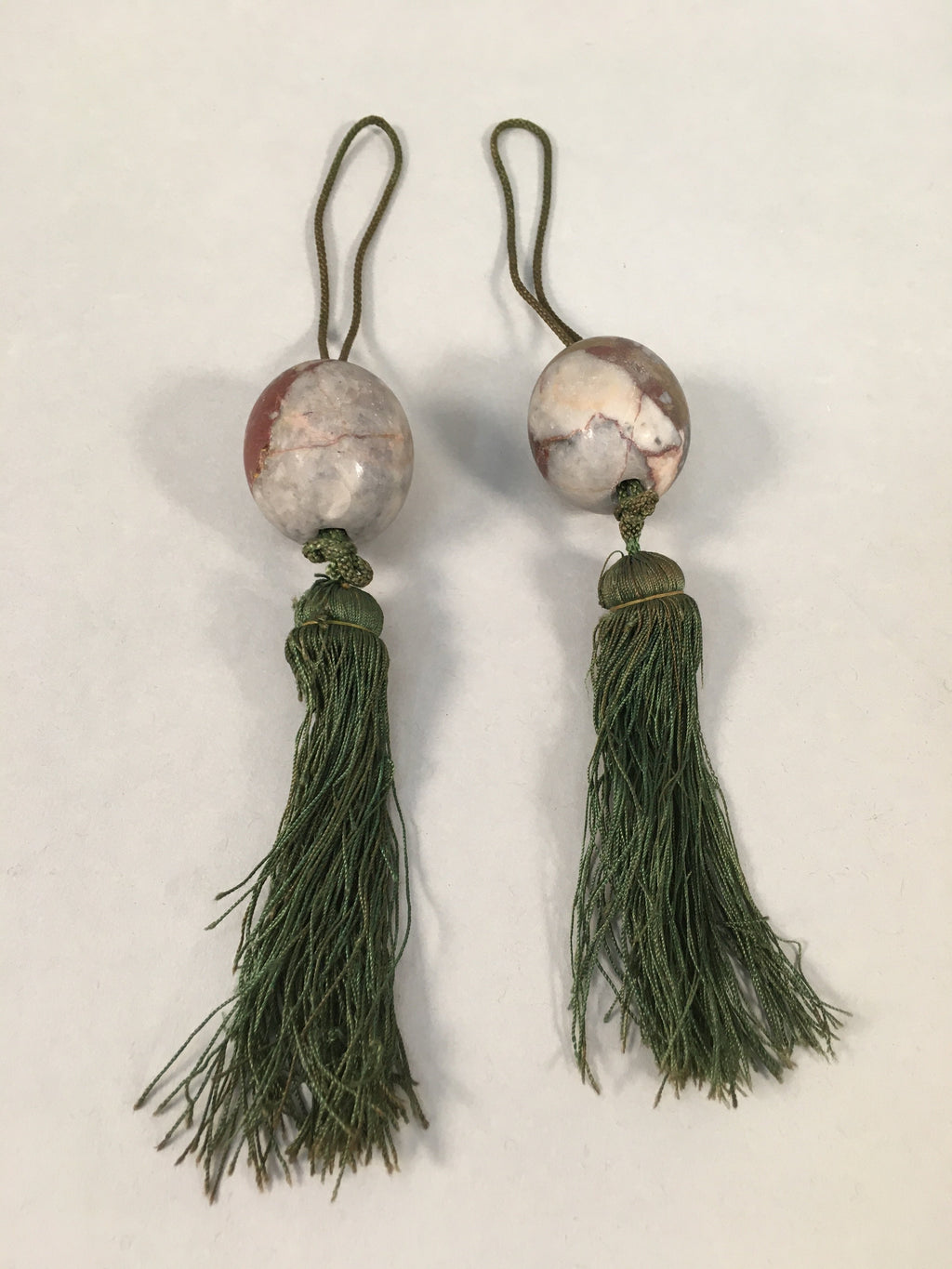Japanese Hanging Scroll Weights Vtg Fuchin Marble Stone Green Tassel FC262